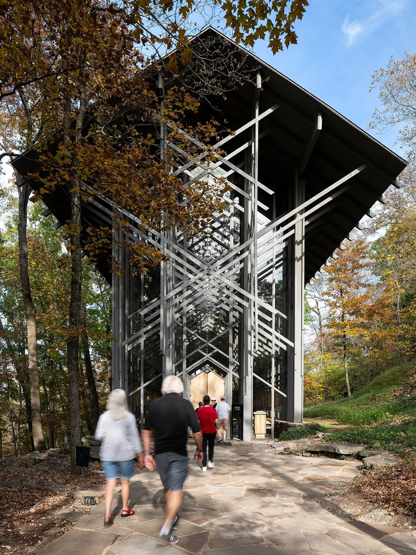 Thorncrown Chapel exterior, wood lattice and glass walls among trees, by Fay Jones, Eureka Springs Arkansas - architectural photographer Arkansas