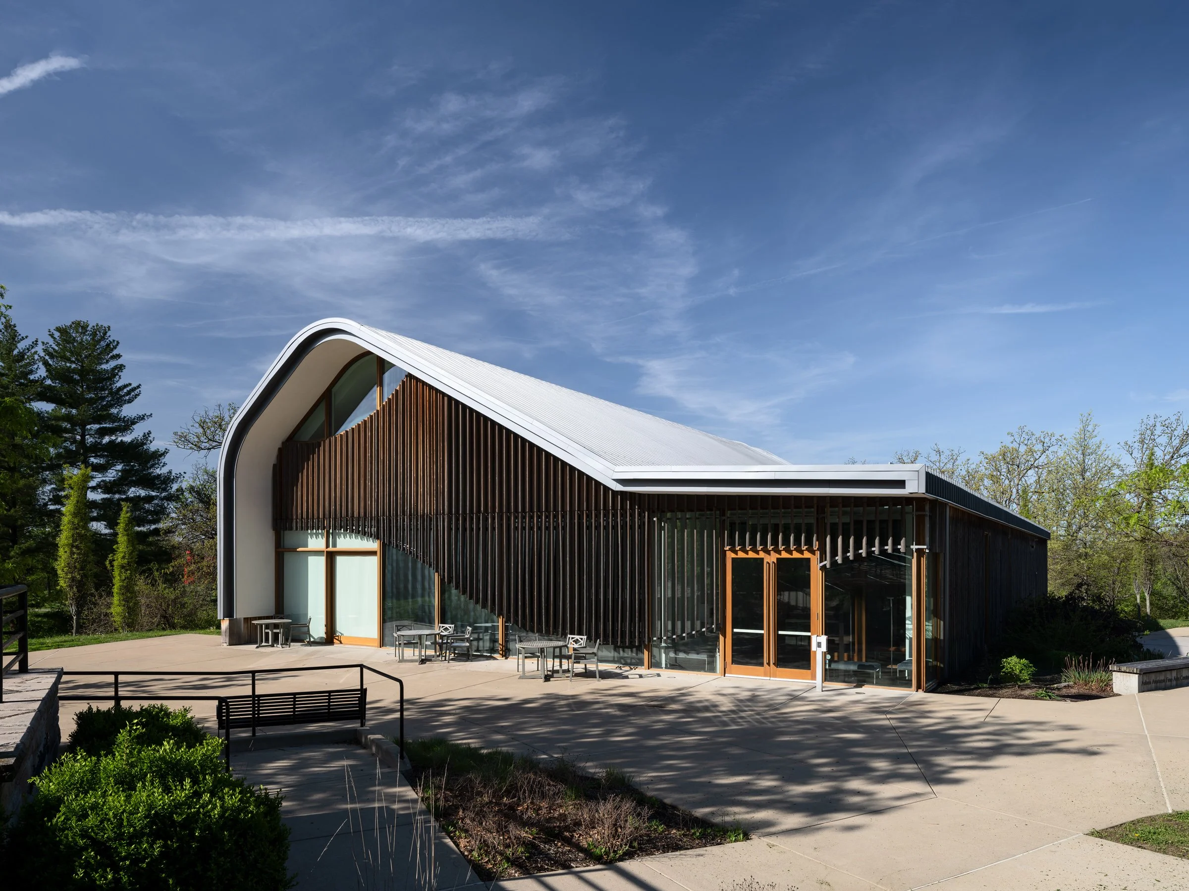 Adam Aronson Fine Arts Center cedar-clad barn form with light-control fins by Trivers at Laumeier Sculpture Park, Sunset Hills Missouri - architectural photographer St. Louis