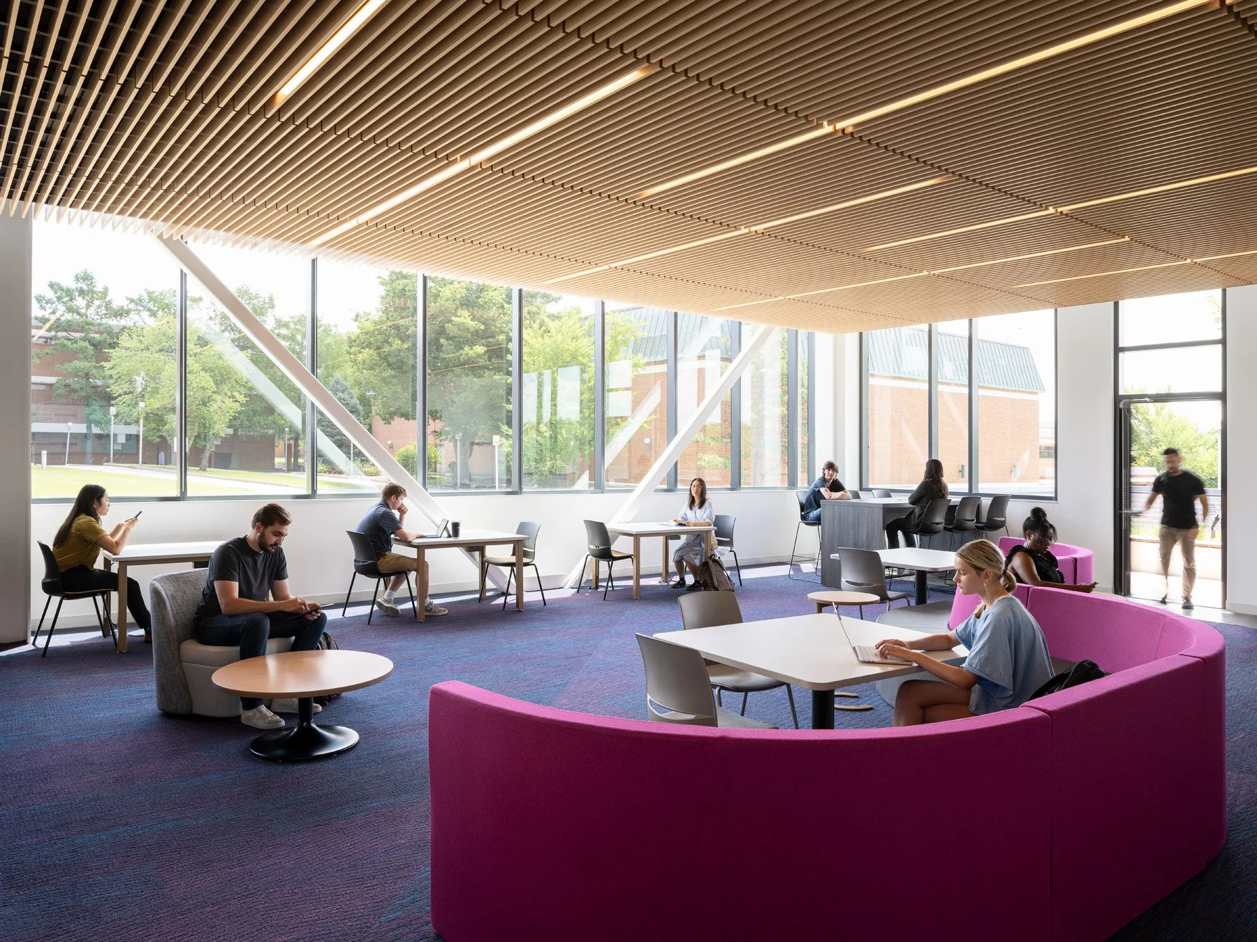 STLCC Florissant Valley Advanced Manufacturing Center student lounge, wood slat ceiling by JEMA - architectural photographer St. Louis Missouri