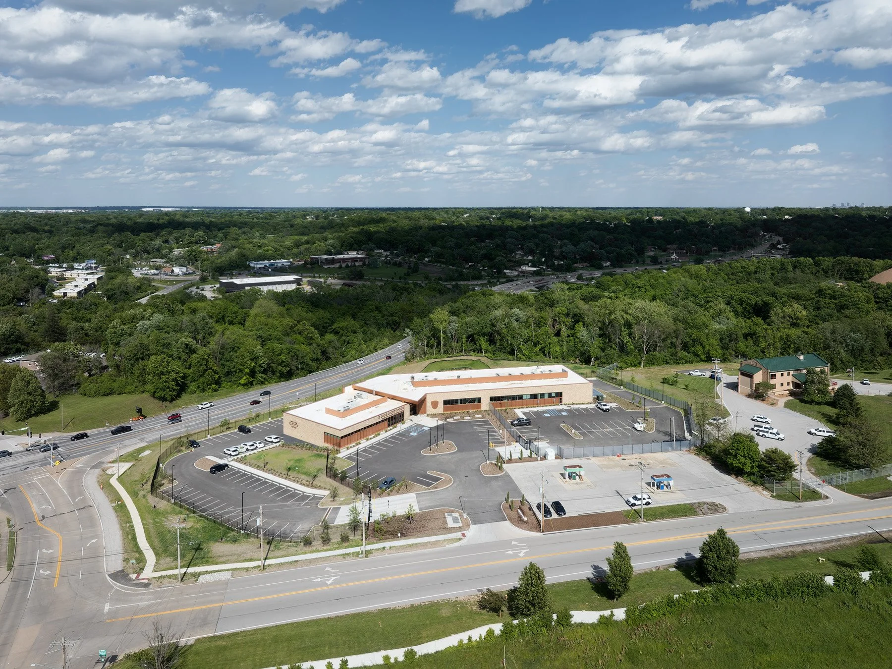 Detective Antonio Valentine Building aerial view, landscape by DG2 Design, Maryland Heights Missouri - architectural photographer St. Louis Missouri