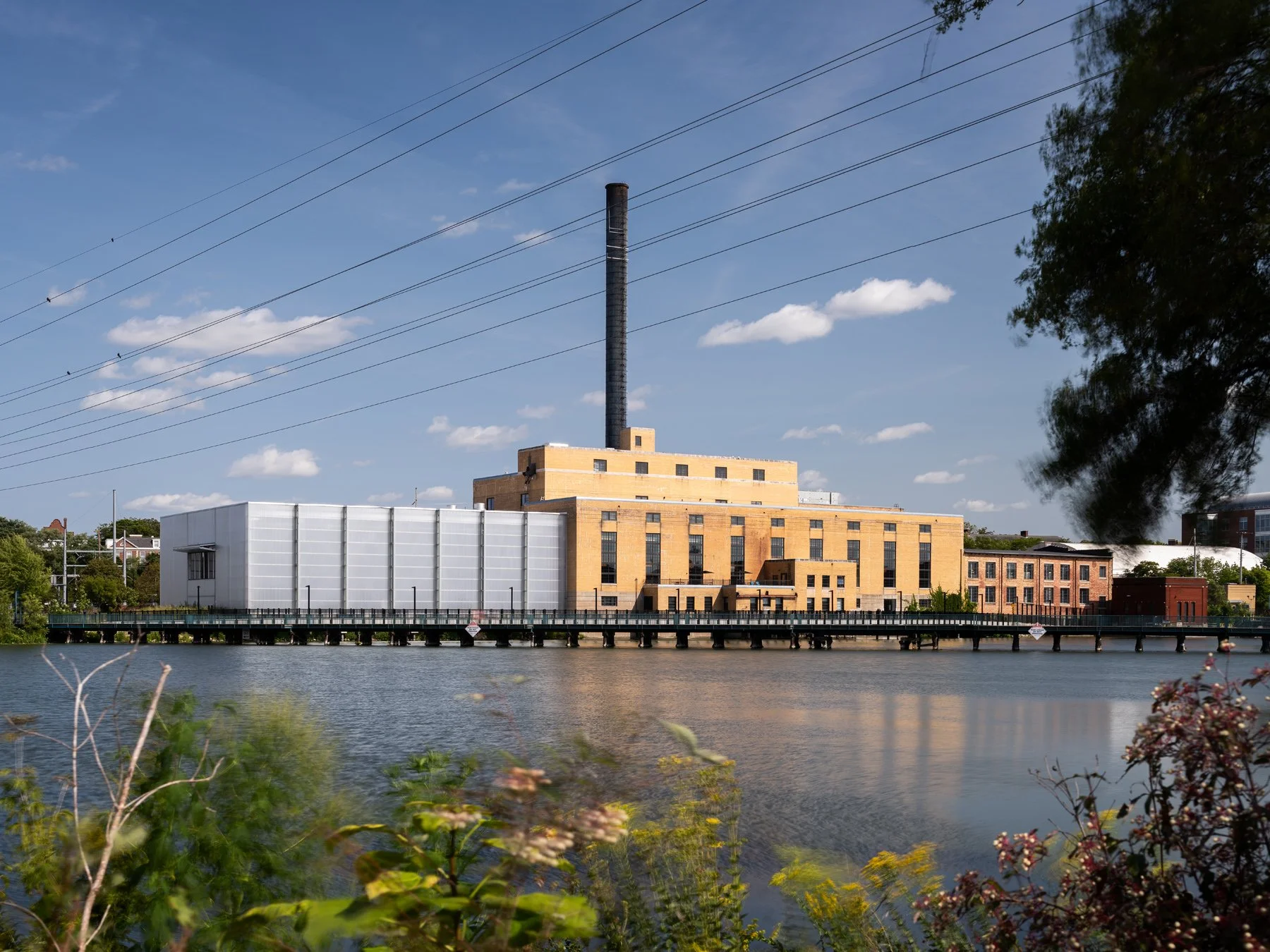 Beloit College Powerhouse across the Rock River beyond a bank of summer wildflowers, by Studio Gang - architectural photographer Beloit Wisconsin