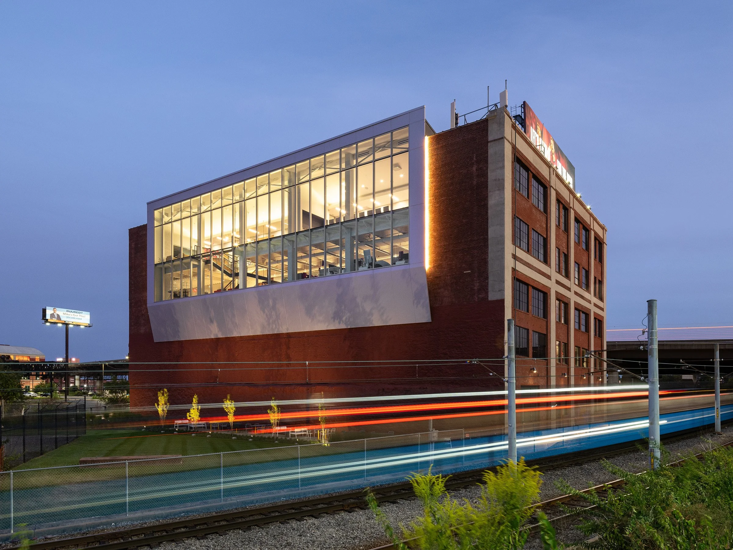 St. Louis City SC Headquarters, a renovated historic building with a new glass addition, located behind Union Station in St. Louis, MO.