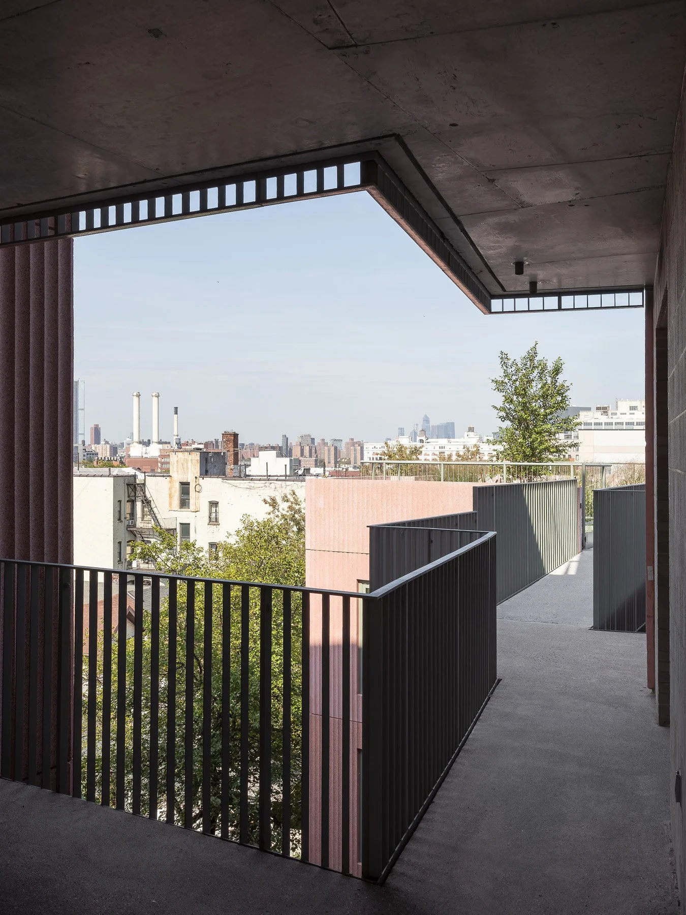 144 Vanderbilt open-air exterior walkway with a Manhattan skyline view, by SO-IL, Brooklyn - architectural photographer New York