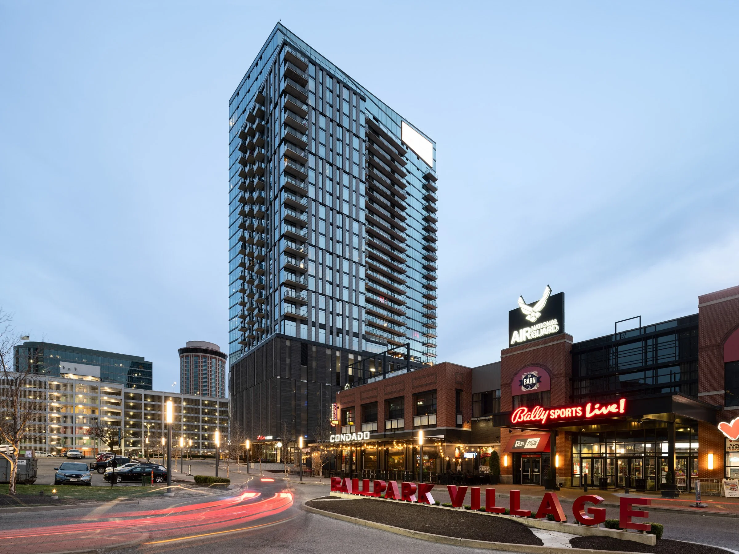 One Cardinal Way tower angular facade overlooking Busch Stadium in Ballpark Village by Hord Coplan Macht, St. Louis Missouri - architectural photographer St. Louis