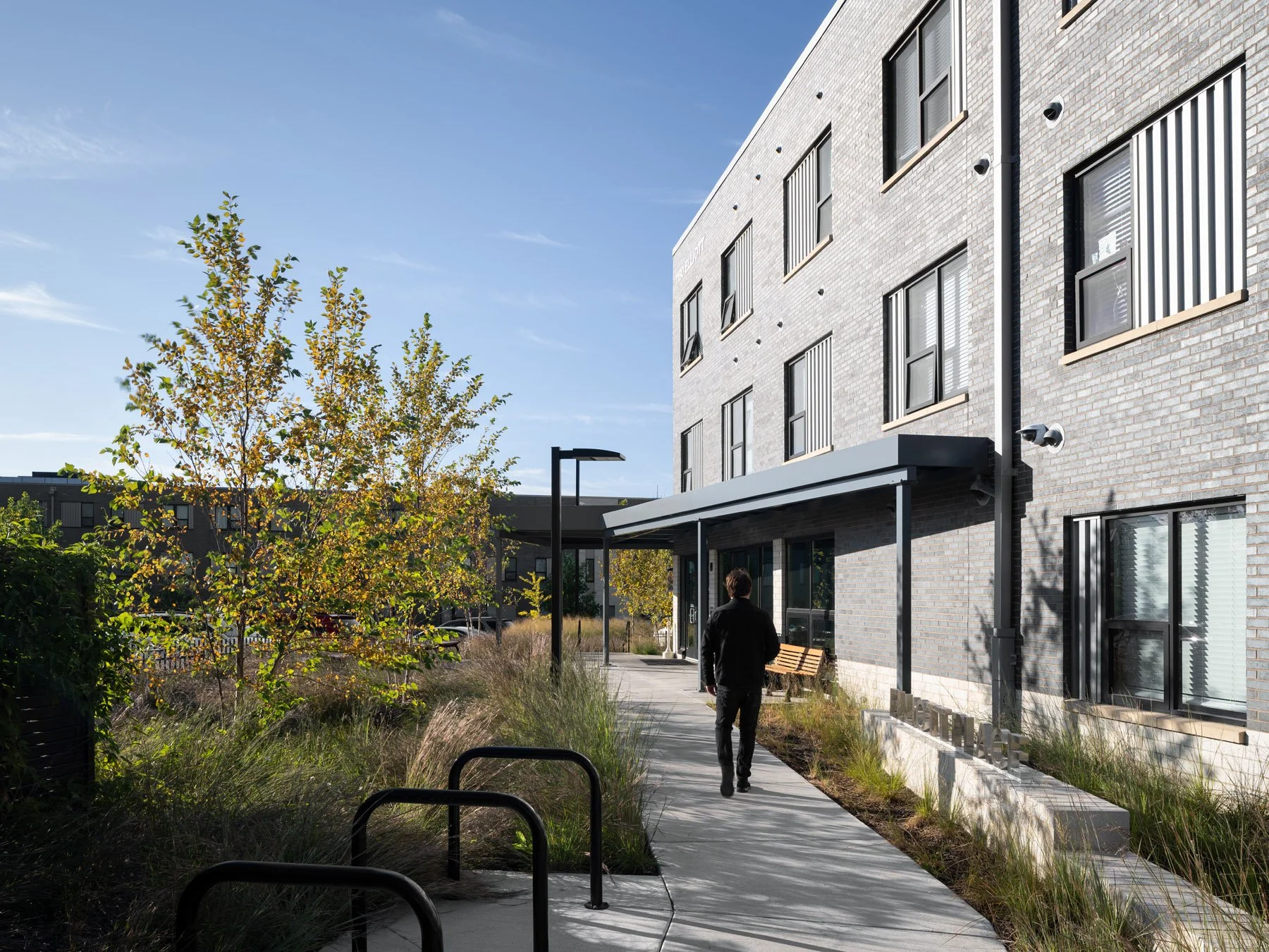 DOORWAYS Elliott Place entry walkway with rain garden plantings, by Arbolope Studio - architectural photographer St. Louis Missouri