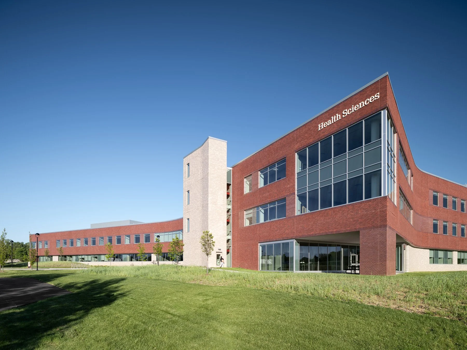 SIUE Health Sciences exterior brick corner and curtain wall by Christner, Edwardsville Illinois - architectural photographer St. Louis