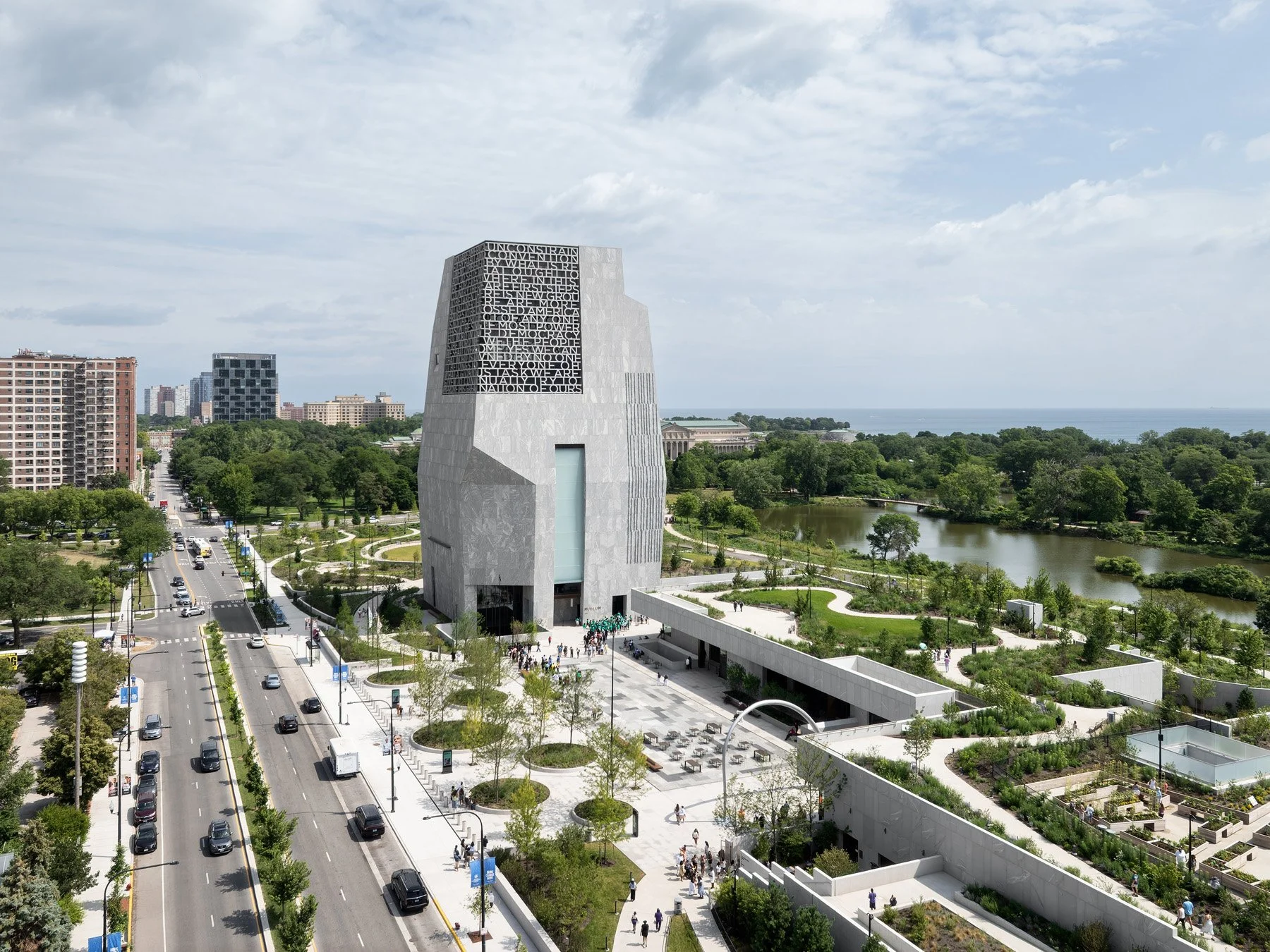 Obama Presidential Center aerial view of the tower and plaza, by Tod Williams Billie Tsien - architectural photographer Chicago Illinois