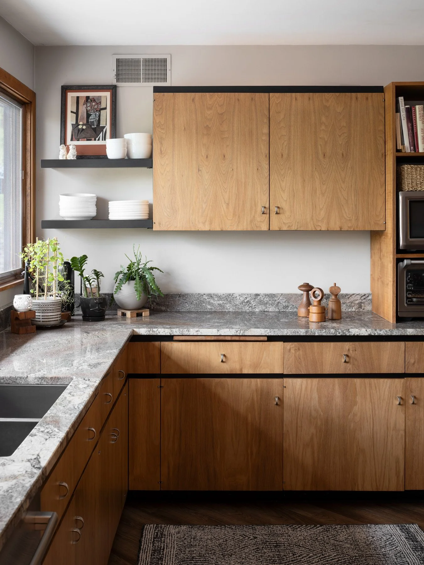 Garrison House kitchen with original wood cabinets and granite counters, Sleepy Hollow Illinois - architectural photographer Chicago