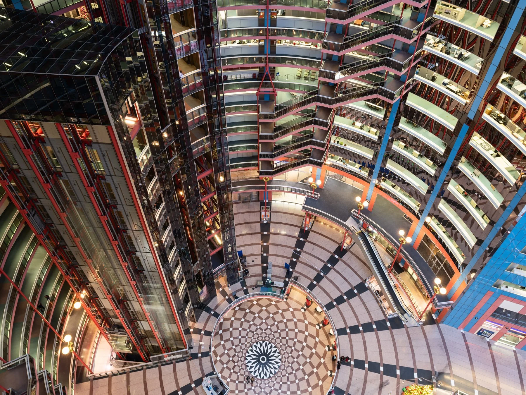 James R. Thompson Center top floor look down the spiraling office tiers to the rosette floor, Chicago - rare top floor view