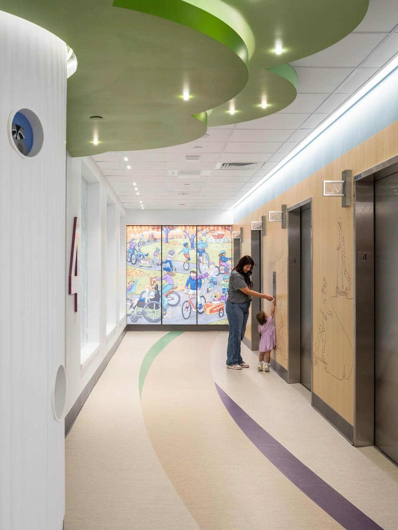 St. Louis Children’s Hospital elevator lobby, tree canopy ceiling, park mural, by CannonDesign - architectural photographer St. Louis Missouri