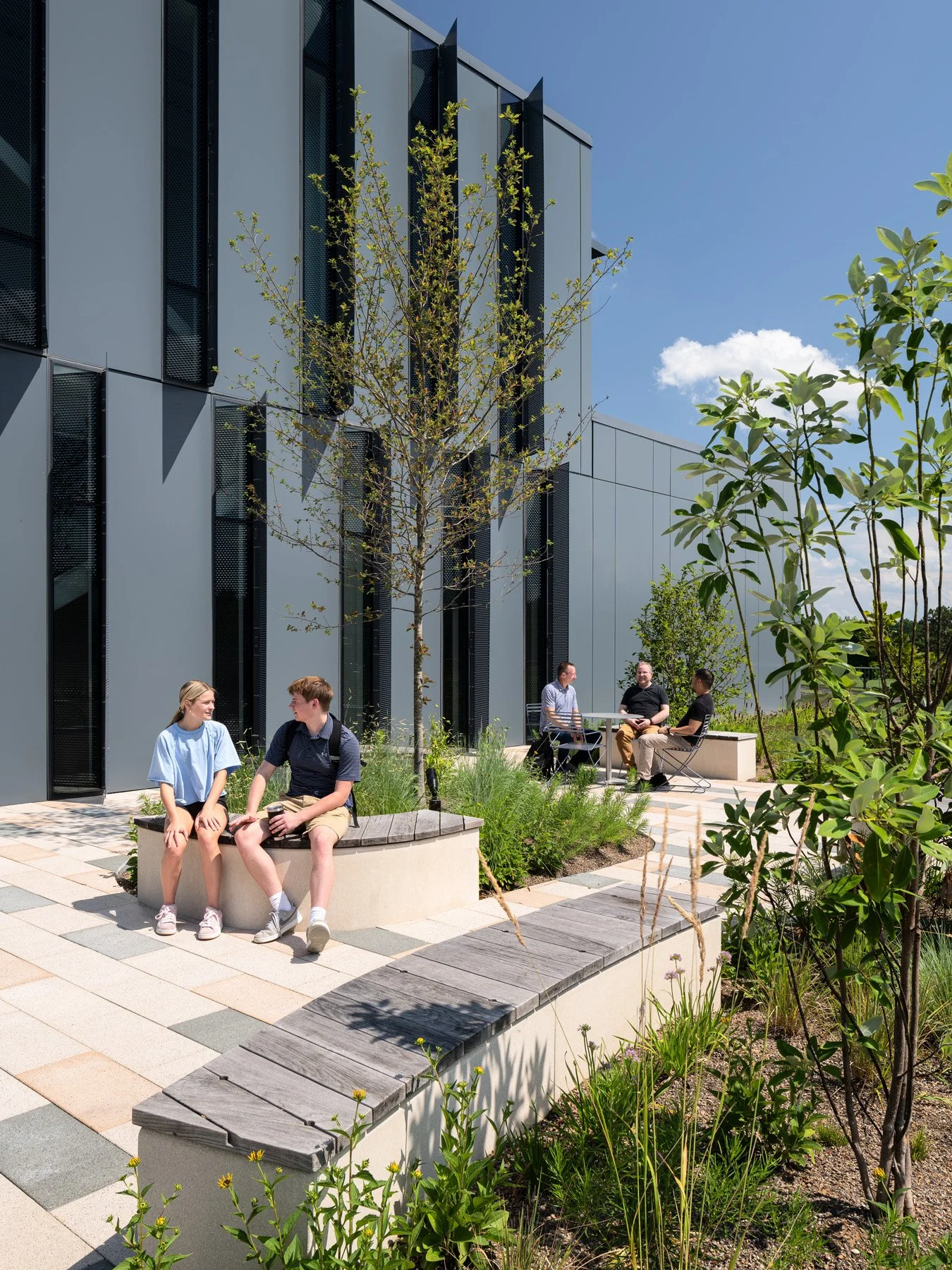 STLCC Florissant Valley Advanced Manufacturing Center roof terrace benches, landscape by DG2 Design - architectural photographer St. Louis Missouri