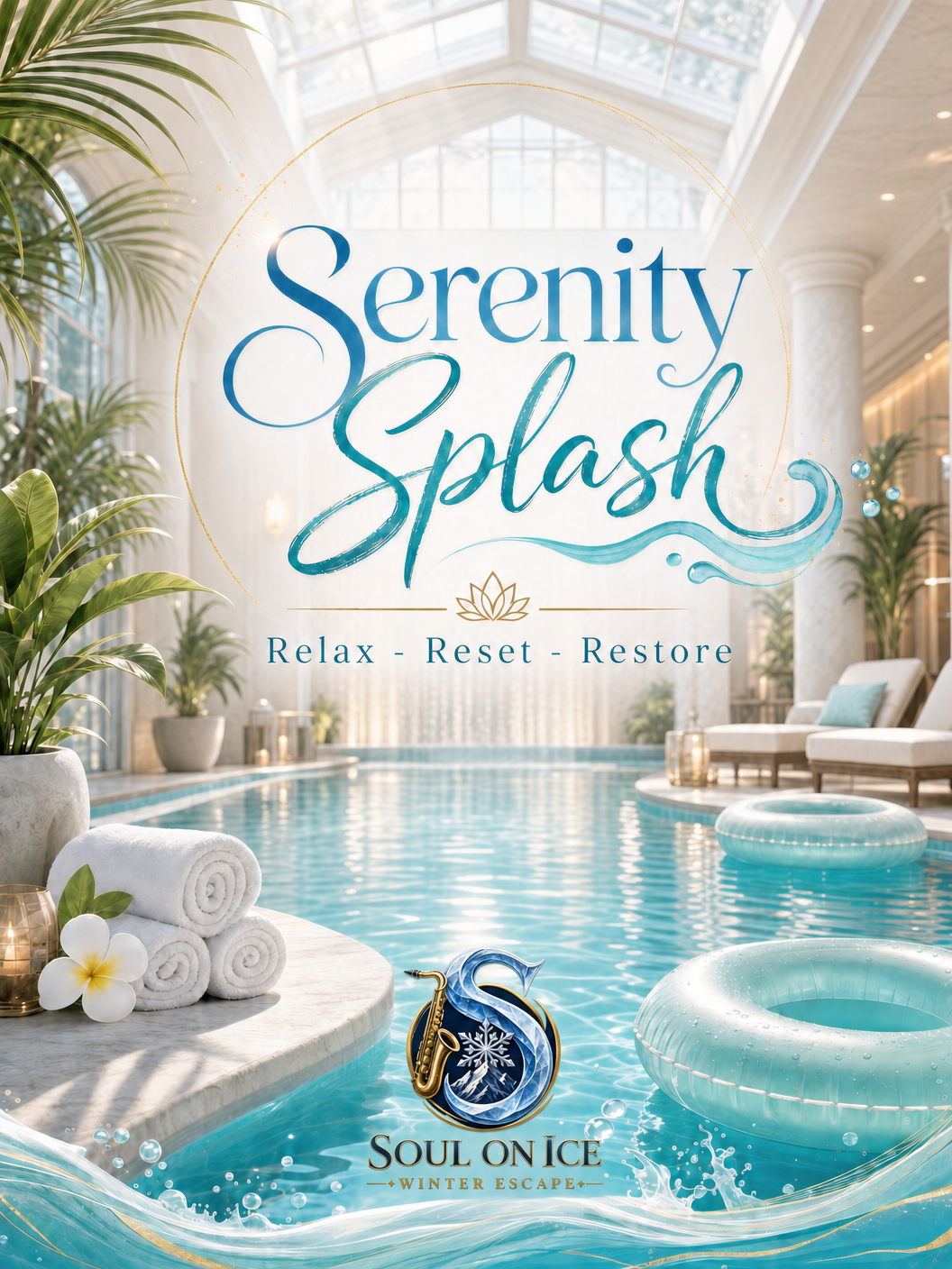 Indoor pool area with lounge chairs, potted plants, towels, and floating pool rings, promoting the Serenity Splash event by Soul on Ice Winter Escape, featuring a water theme with a relaxing ambiance.