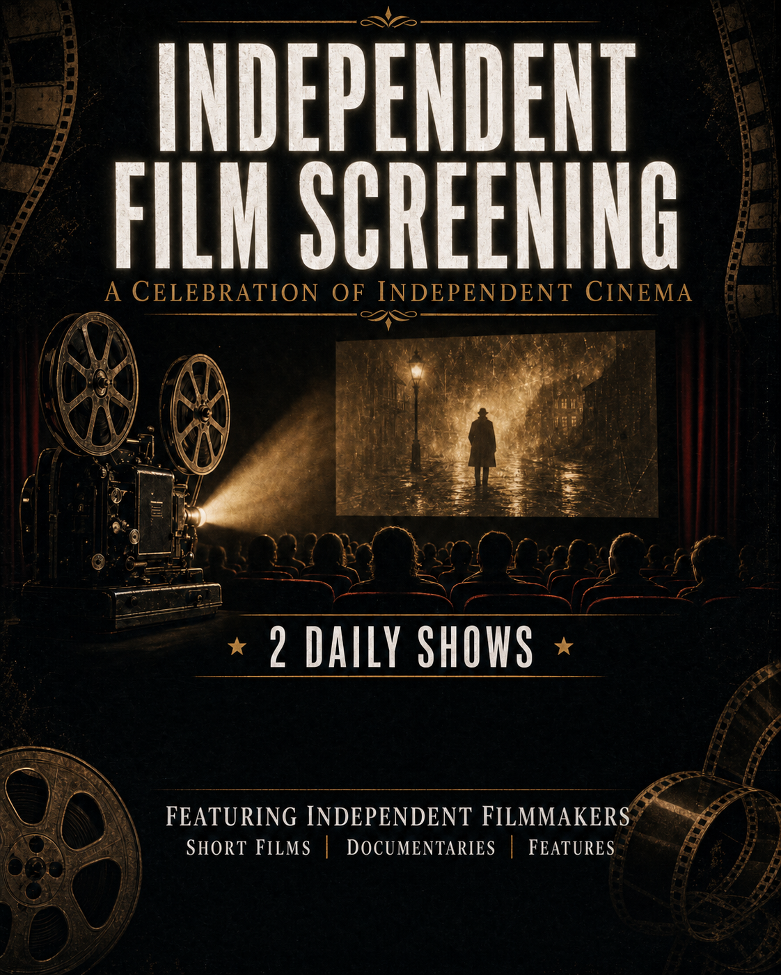 Poster for Independent Film Screening event featuring independent cinema, with an image of a person walking in the rain at night on the screen, vintage film reels, and a theater audience.