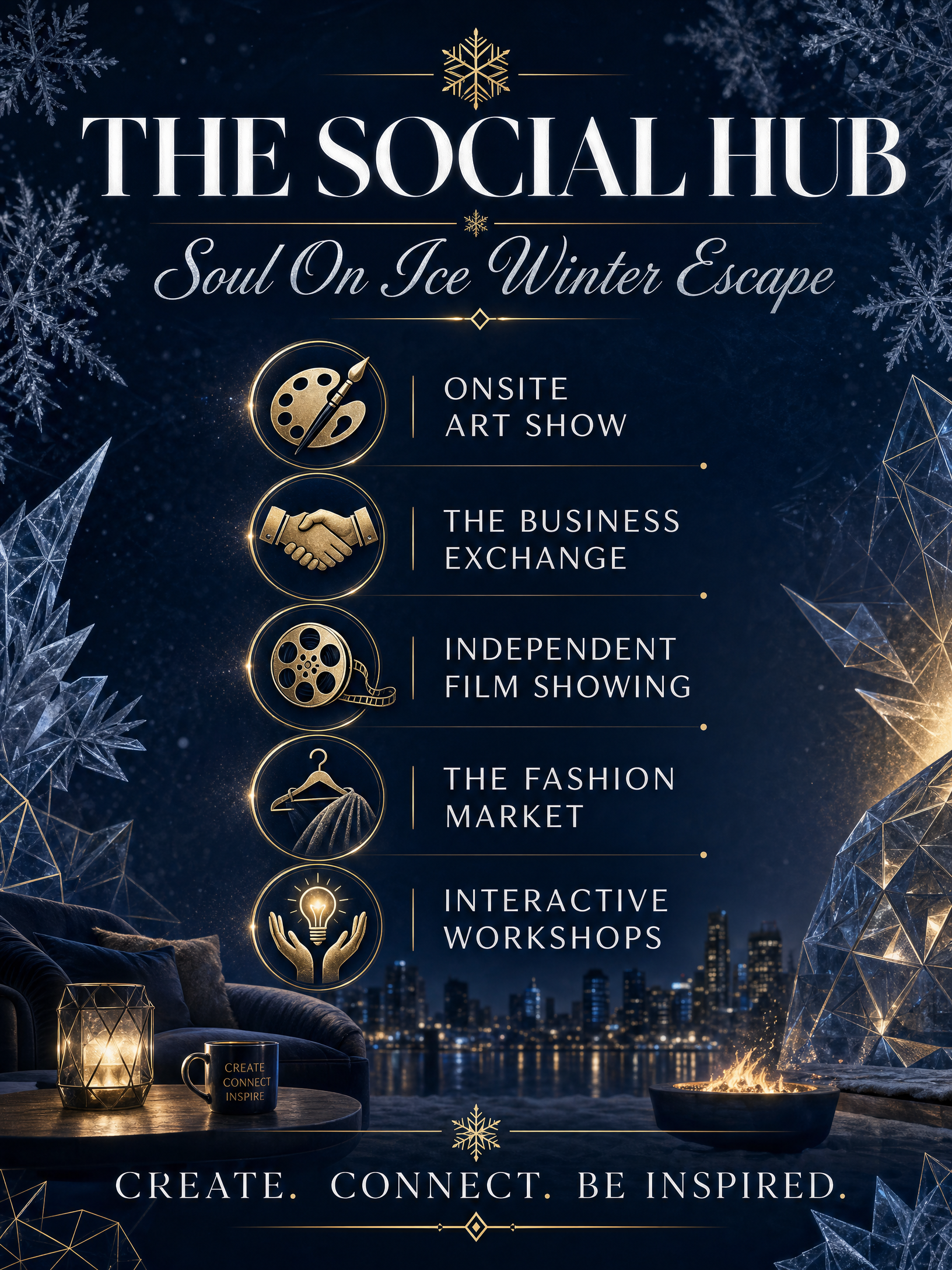 Nighttime scene of an outdoor balcony with city skyline, decorated with snowflakes and geometric crystal ornaments. There is a table with a lantern, a cup with the words 'Create Connect Inspire,' and a fire pit. Overlaid text highlights various events like an onsite art show, business exchange, independent film showing, fashion market, and interactive workshops, with the tagline 'Create, Connect, Be Inspired.'