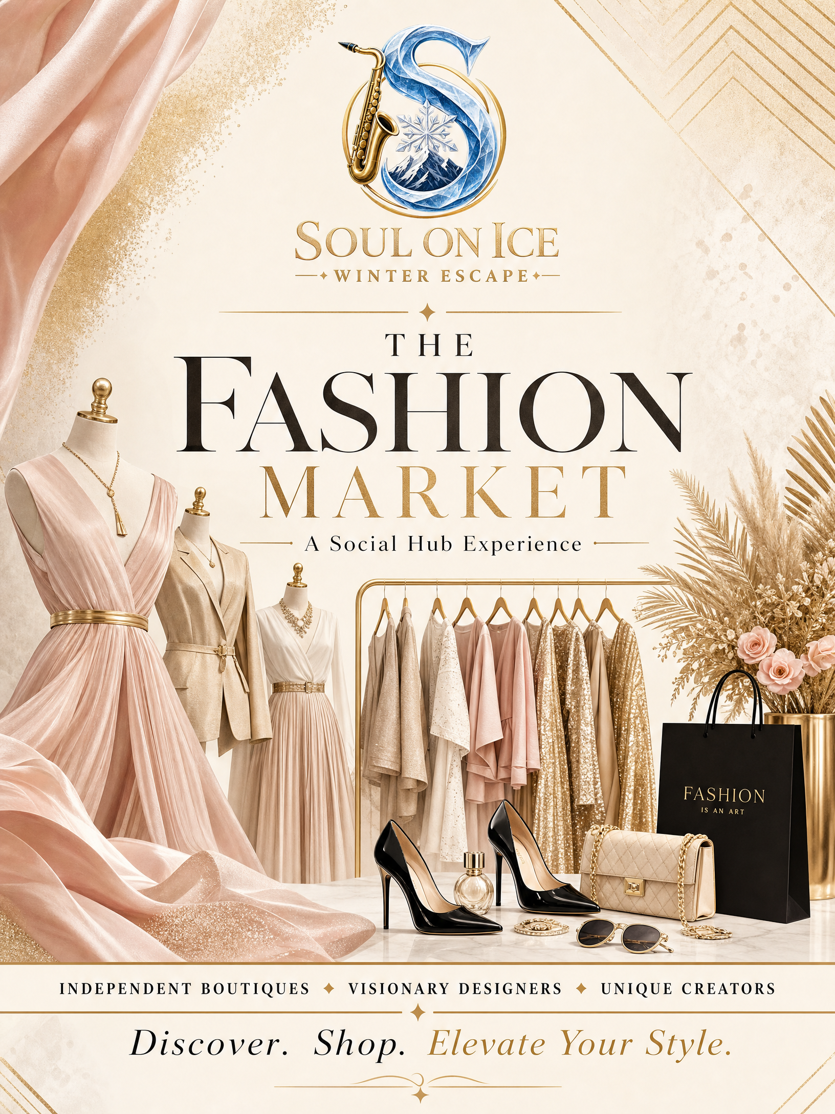 An advertisement for an event called Soul On Ice Winter Escape, featuring fashion displays including pink and neutral-colored dresses, high-heeled shoes, handbags, sunglasses, and jewelry, with a decorative background of flowers and clothing racks.