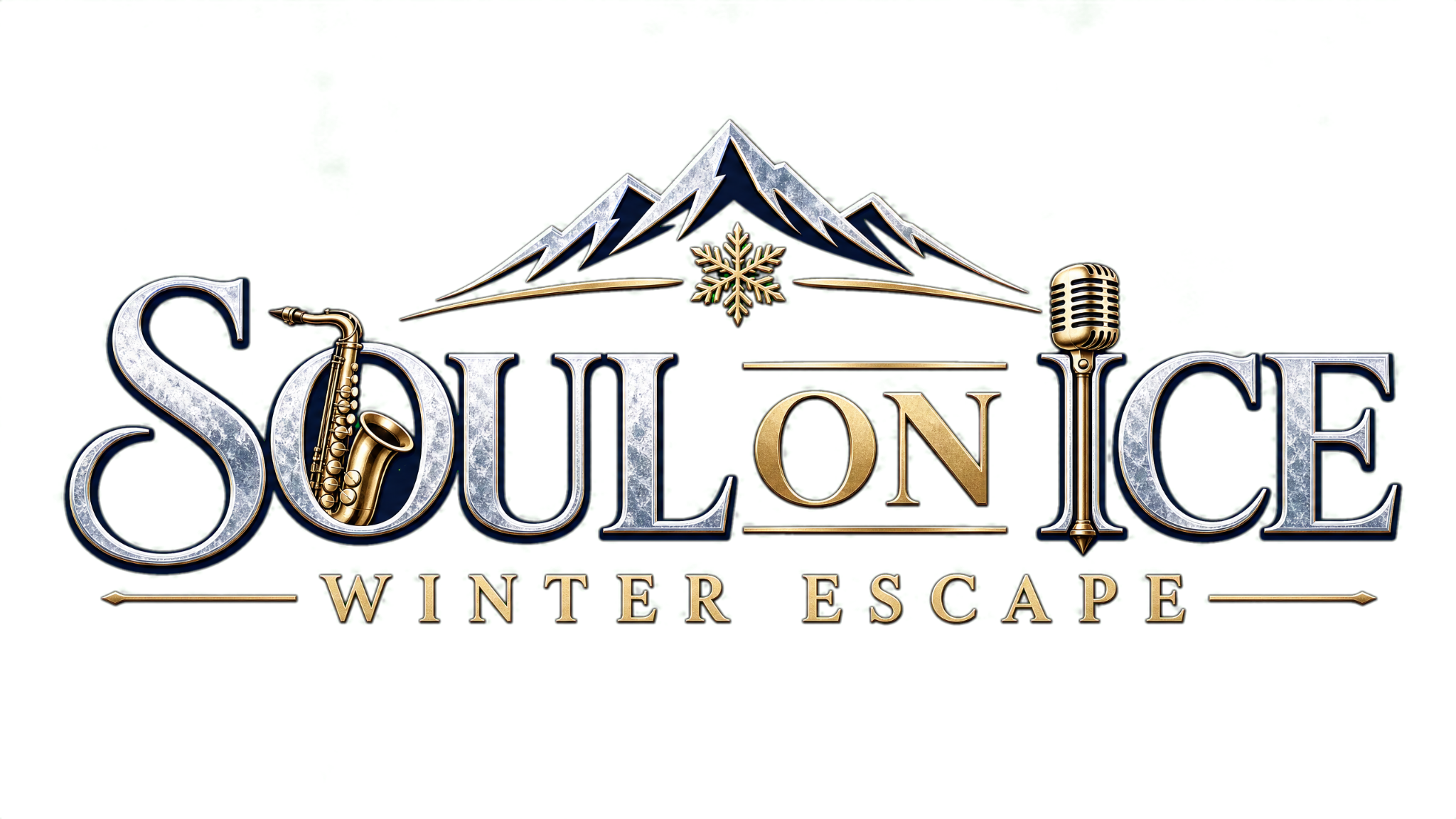 Logo for Snowline Winter Escape featuring mountains, a snowflake, a saxophone, and a microphone with the text 'Snowline Winter Escape'.