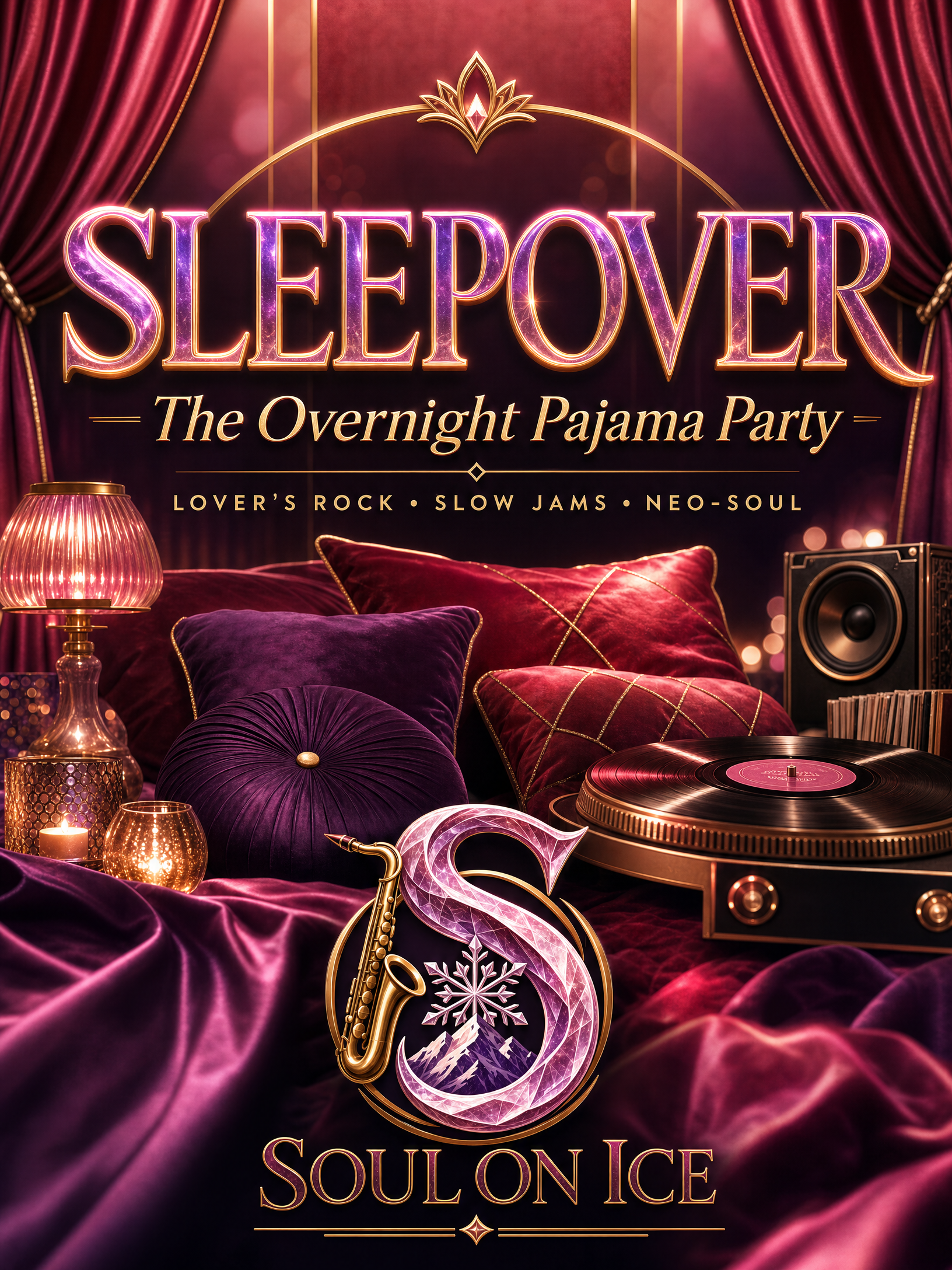 Poster for 'Sleepover: The Overnight Pajama Party,' featuring velvet pillows, a record player, candles, and a music note with a snowy mountain scene inside, set against red curtains with gold accents and warm lighting.