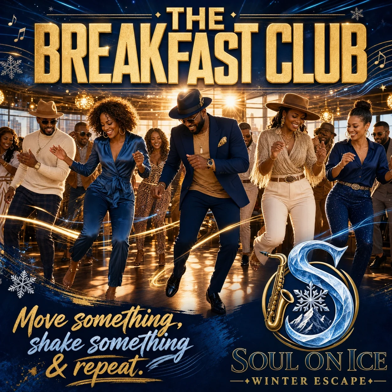 Group of people dancing at a lively indoor event with festive lighting, with the words 'The Breakfast Club' and 'Soul on Ice Winter Escape' displayed prominently, along with the phrase 'Move something, shake something & repeat.'