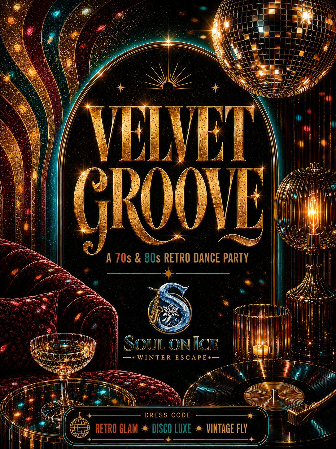 Poster advertising Velvet Groove, a 70s and 80s retro dance party, with disco balls, vintage furniture, candles, records, and a dress code of retro glam, disco luxe, and vintage fly.