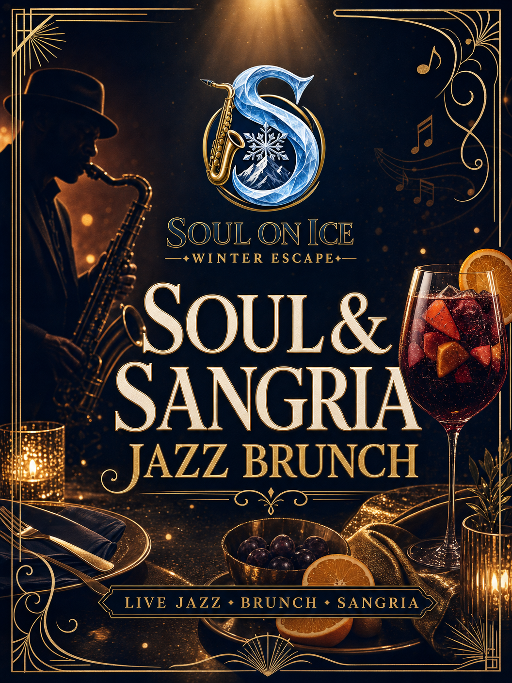 A promotional poster for a jazz brunch event titled 'Soul on Ice Winter Escape'. It features a silhouette of a jazz saxophonist on the left, a large decorated letter 'S' with a snowflake and a saxophone inside at the top center, and a glass of sangria with fruit on the right. The background is dark with gold and blue accents, including musical notes and decorative borders. The text highlights live jazz, brunch, and sangria.