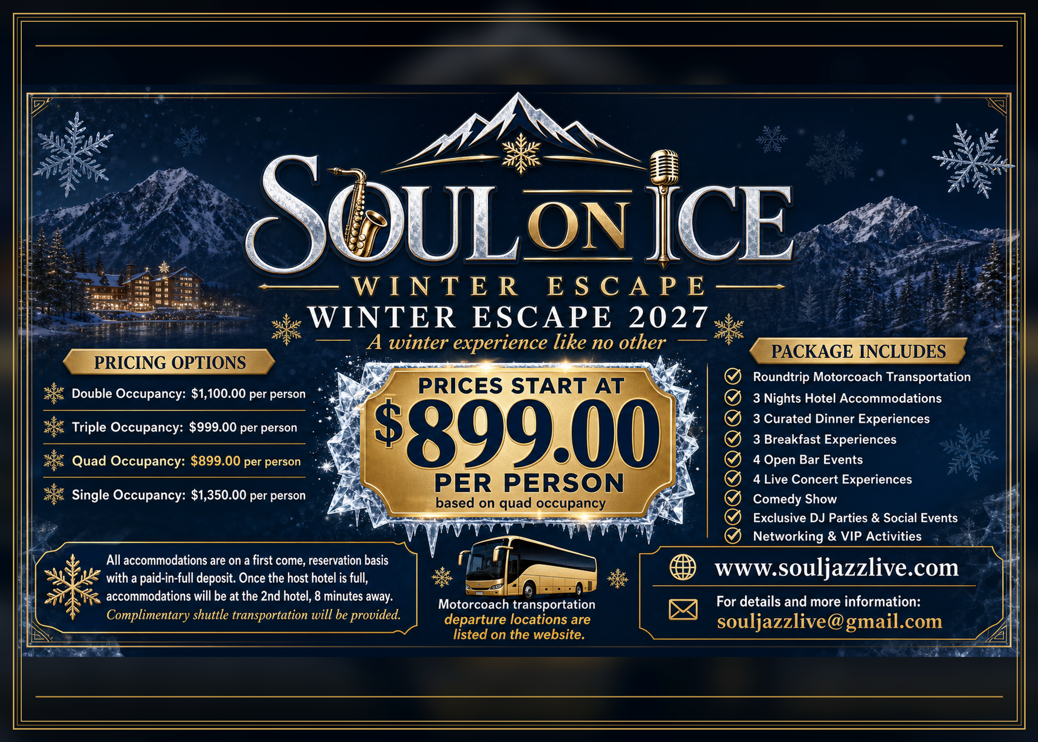 A promotional advertisement for Soul on Ice Winter Escape 2027 featuring mountain scenery, snowflakes, a hotel, and a motorcoach bus. Text details travel packages with prices starting at $899 per person and includes some amenities and contact information.