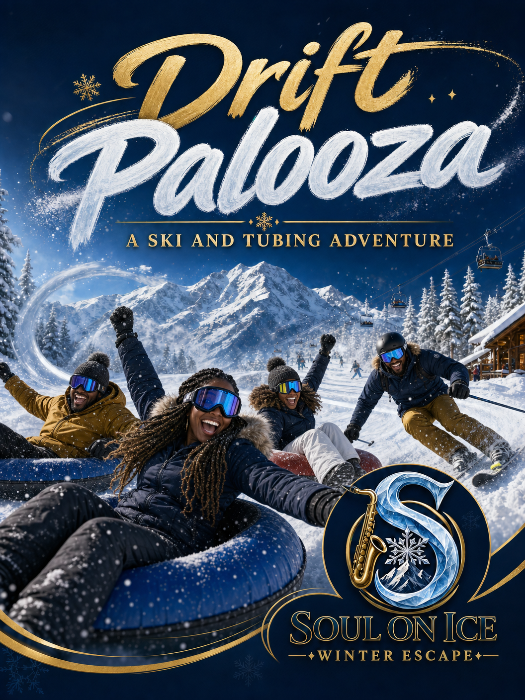 Four people in snow gear tubing down a snowy slope with mountains and ski lifts in background, promotional poster for 'Drift Palooza,' a ski and tubing adventure event.