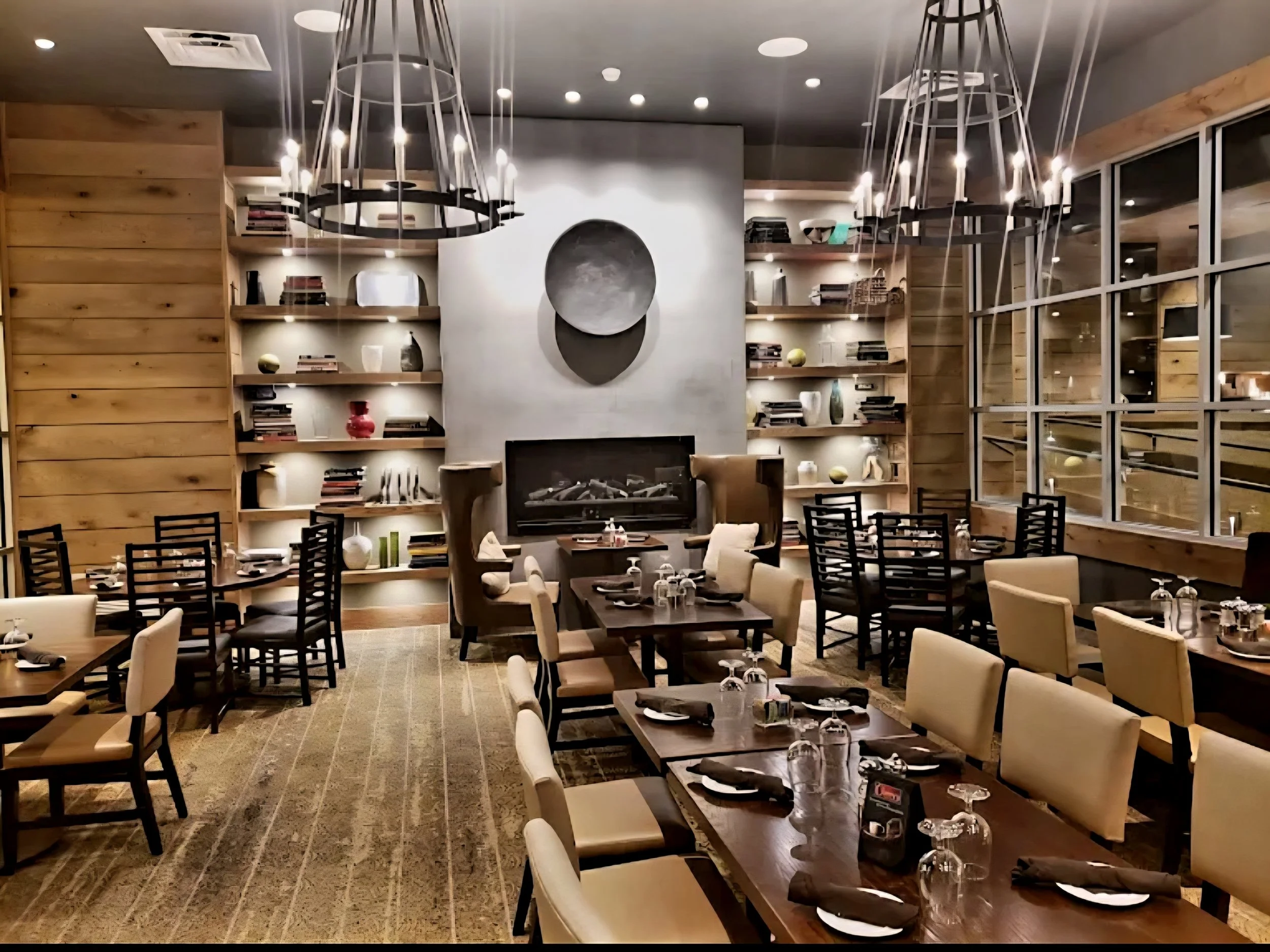 A cozy restaurant interior with wooden accents, multiple shelves filled with books and decorative items, a fireplace, and contemporary lighting fixtures.