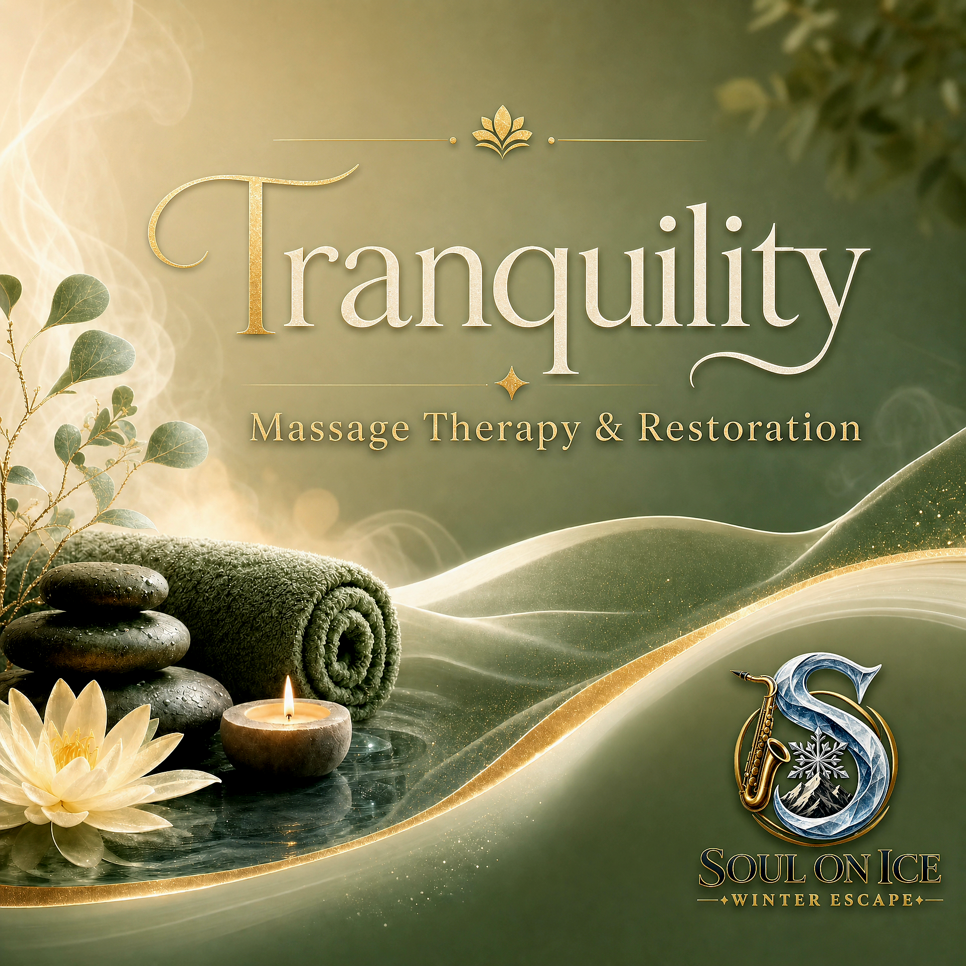 Elegant spa advertisement with stacked stones, a lit candle, lotus flowers, and greenery, promoting massage therapy and relaxation services.