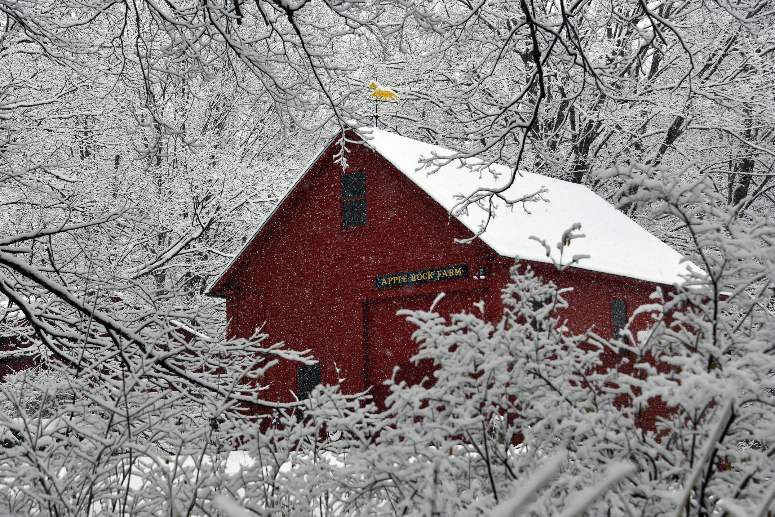 red barn in snow