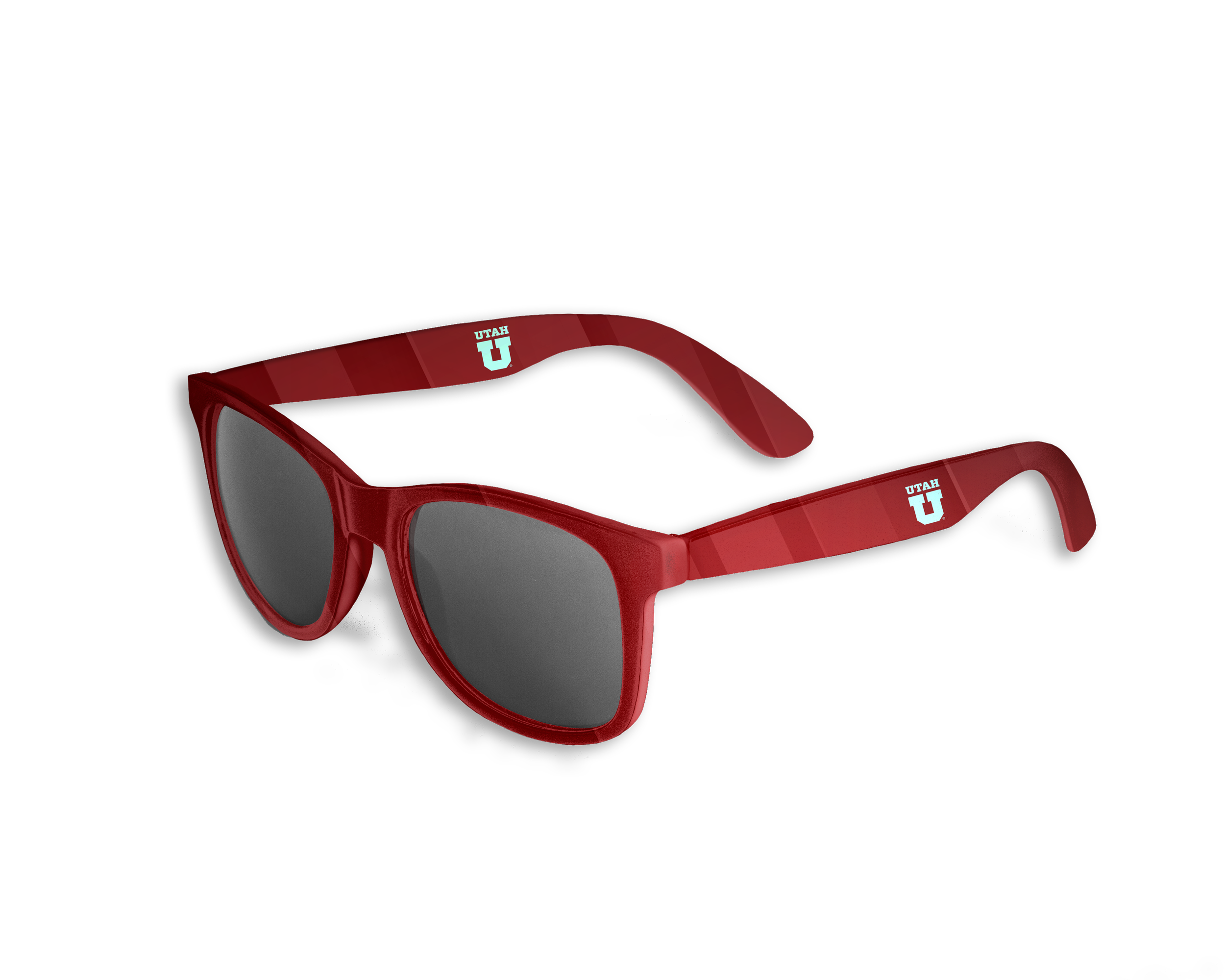Red sunglasses with gray lenses and Utah Utes logo on the arms.