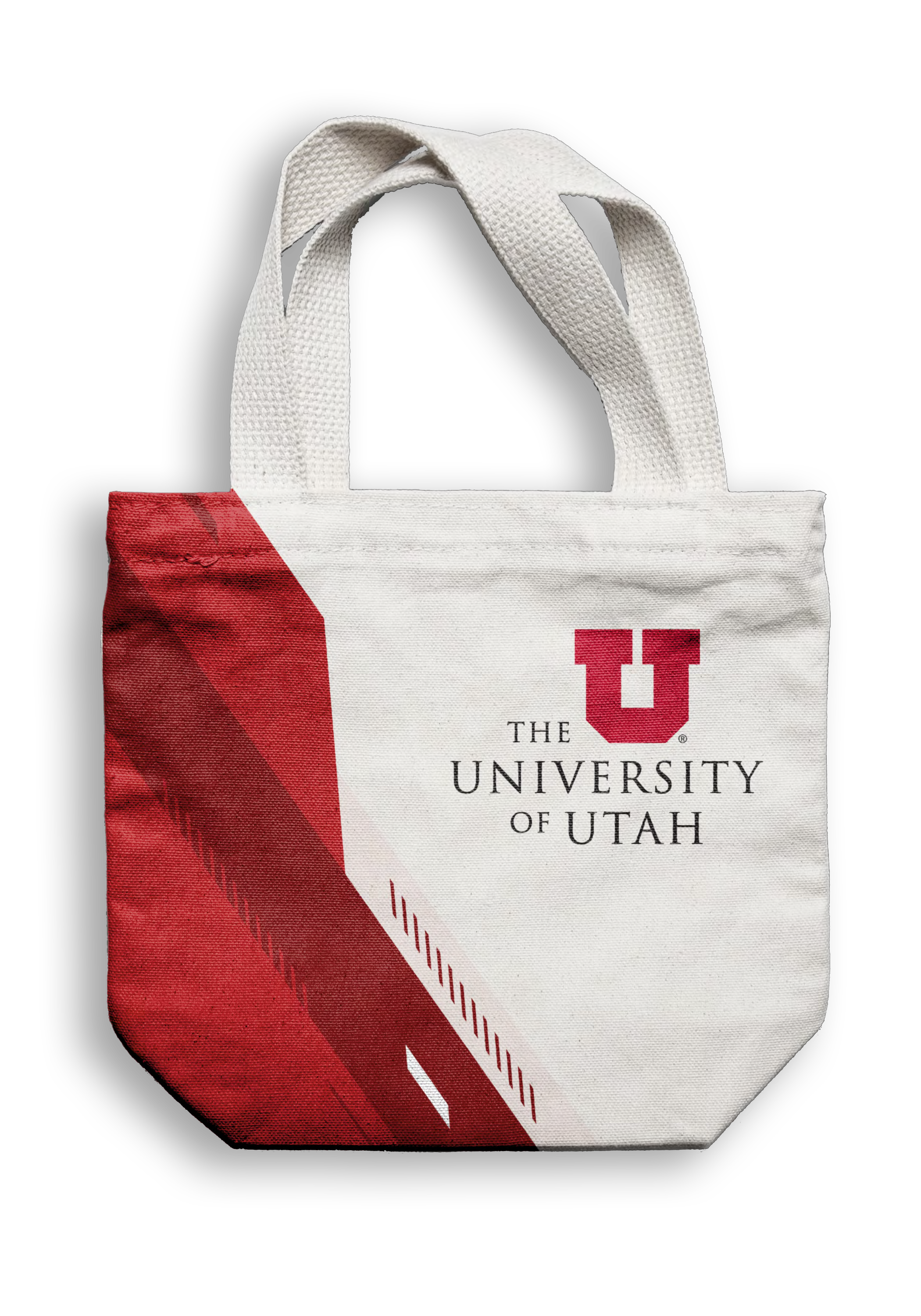 White tote bag with red and black graphics and text for the University of Utah, featuring the university's red shield logo and the words 'The University of Utah' on a black background.