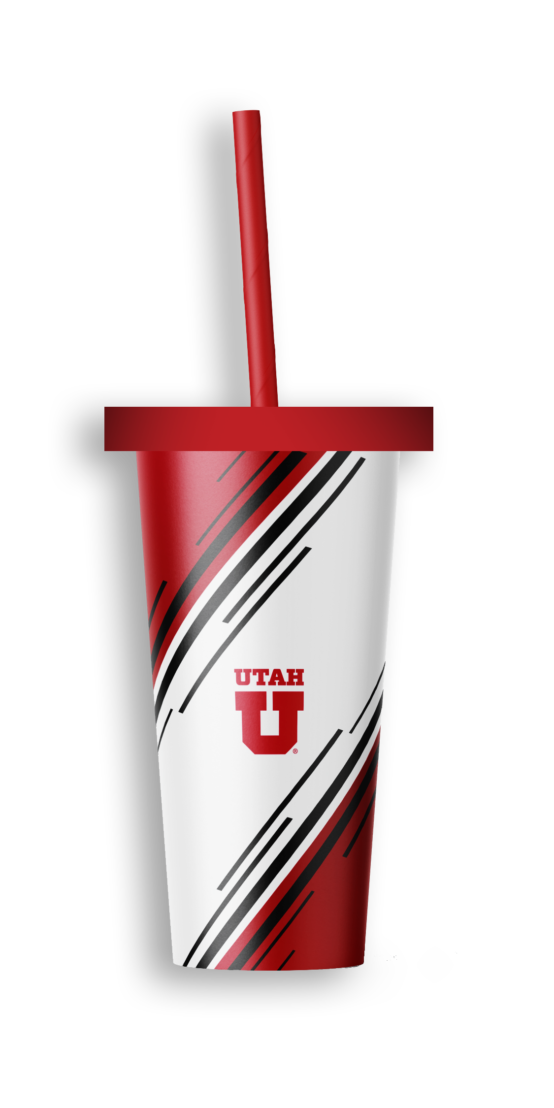 A paper cup with a red, black, and white design featuring the University of Utah logo and a matching red straw.