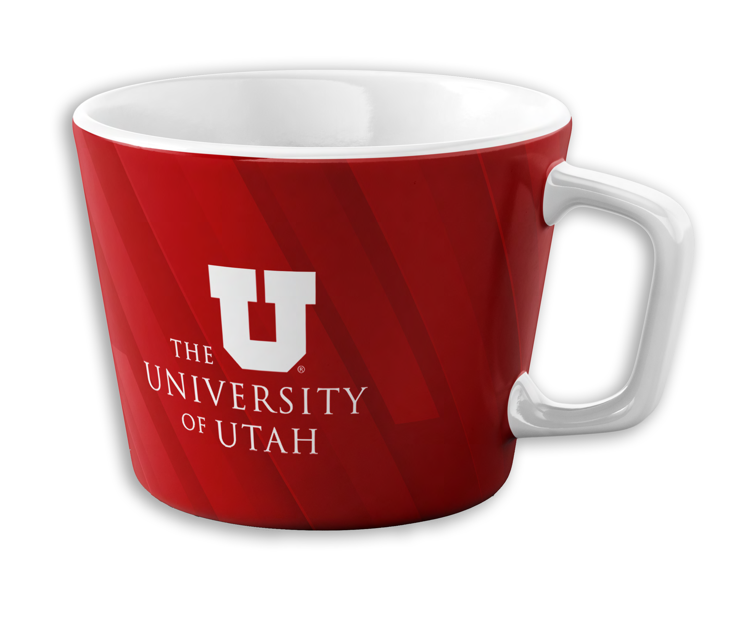 Red ceramic mug with white handle and interior, displaying the University of Utah logo and text on a black background.