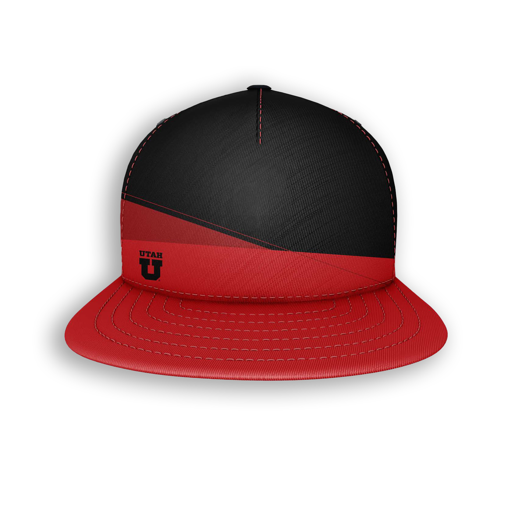 Red and black snapback hat with a Utah U logo on the front, against a black background.