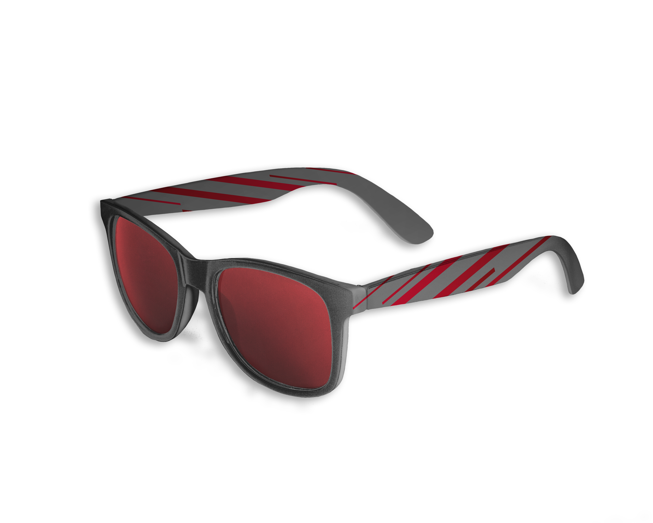 Pair of sports sunglasses with red lenses and gray frame with red stripe design on the arms.