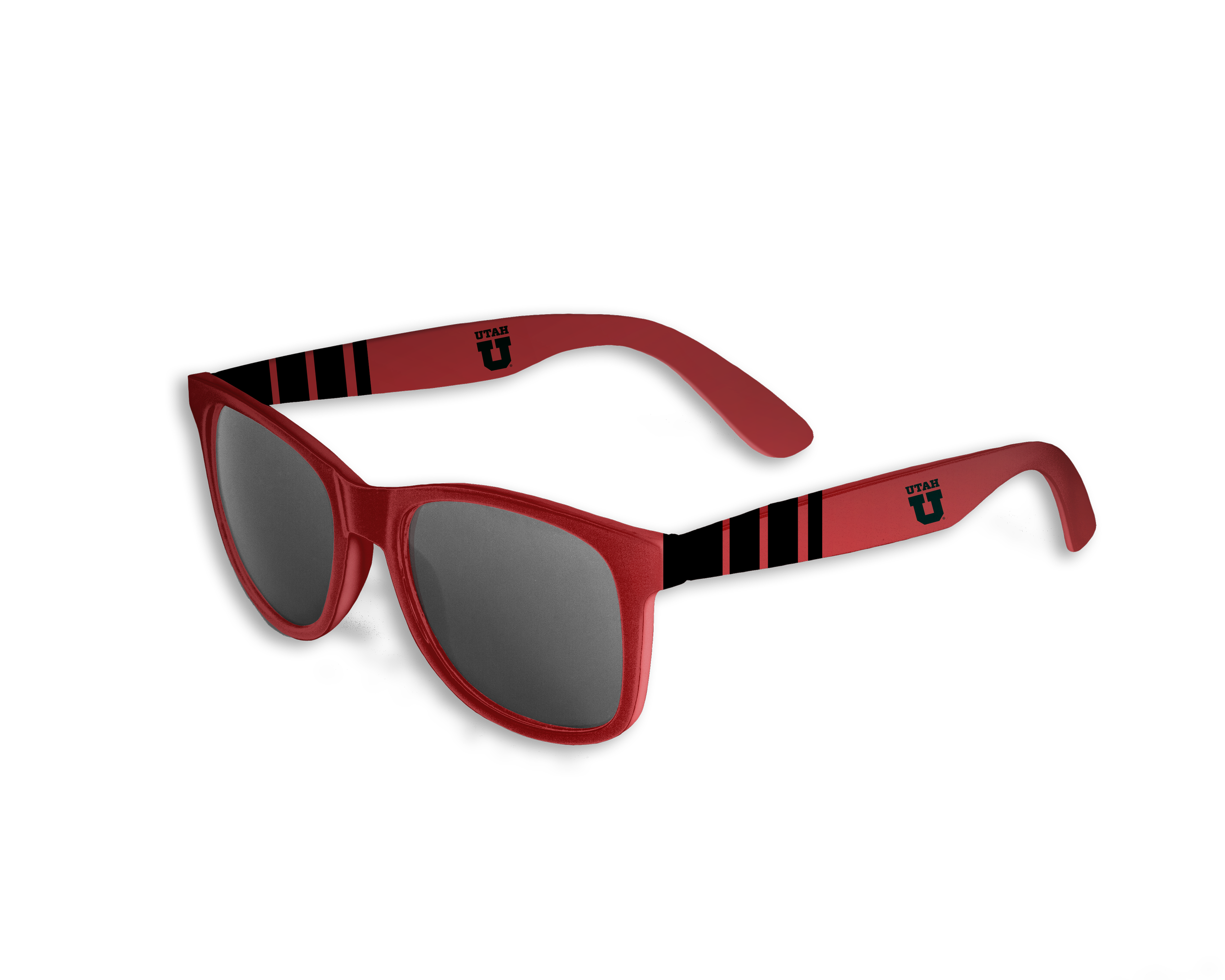 Red sunglasses with black-tinted lenses and black and red striped arms. The arms have the University of Utah logo and text.