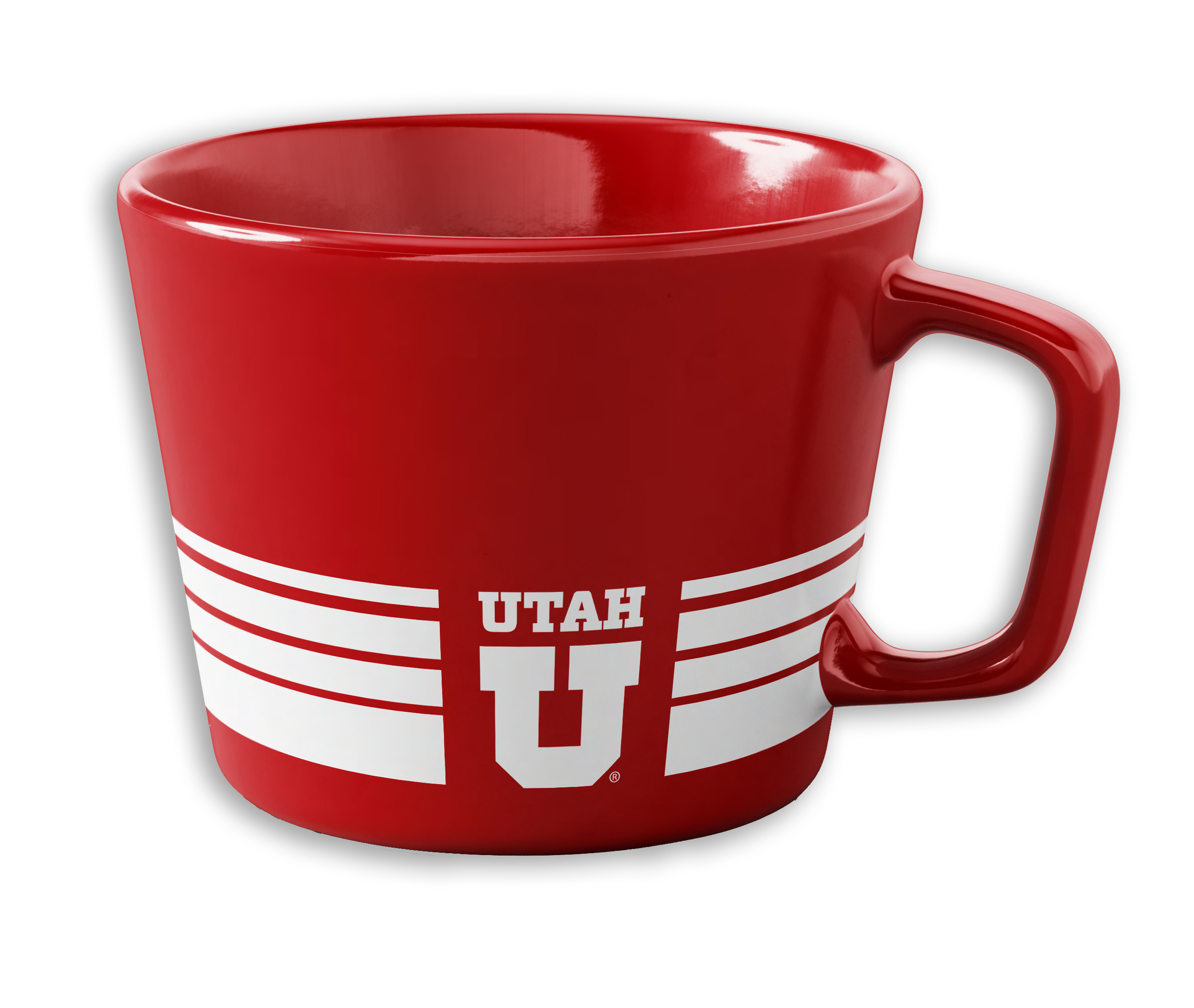 Red mug with white stripes and the Utah Utes logo on black background.