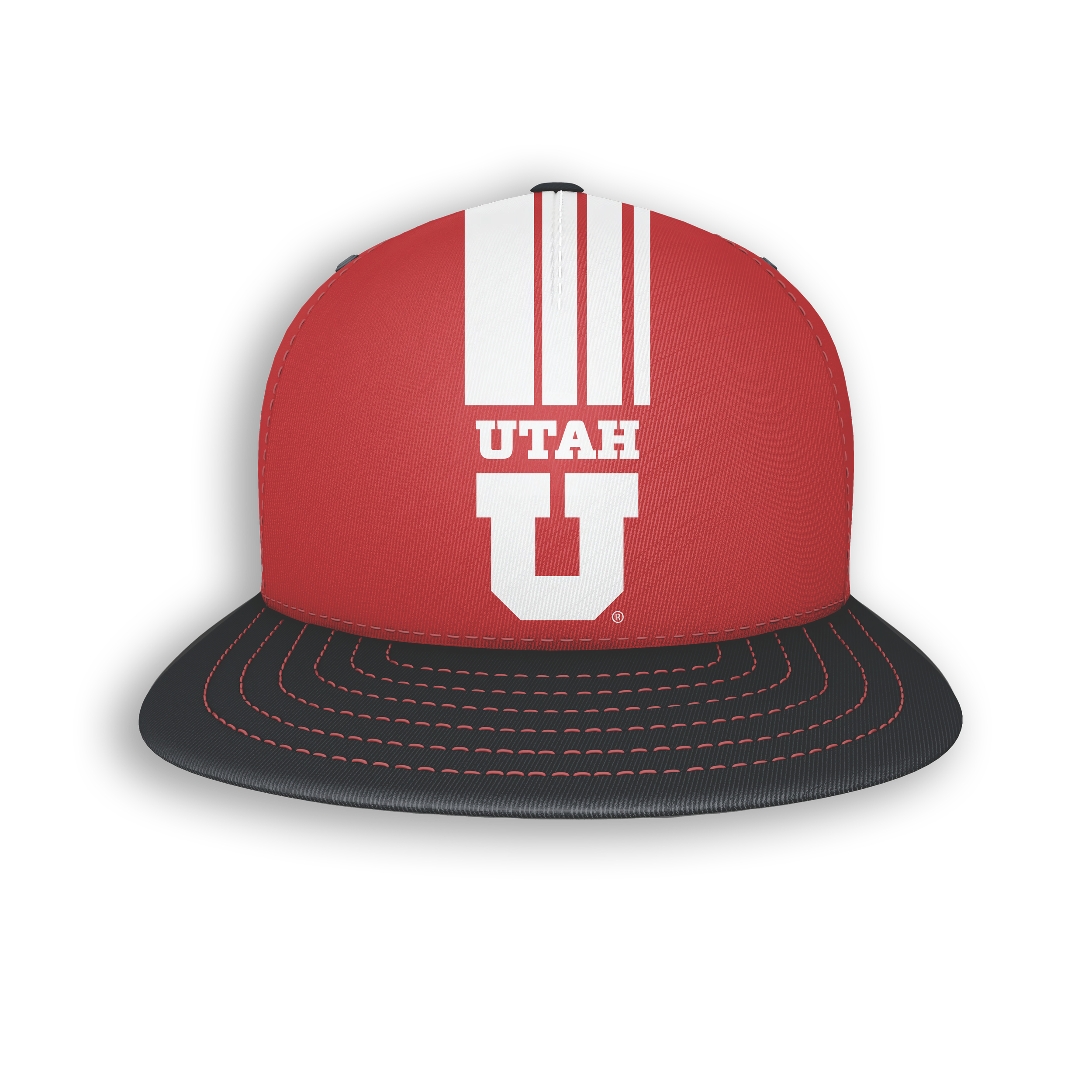 Red and black trucker-style cap with white stripes and the Utah Utes logo.