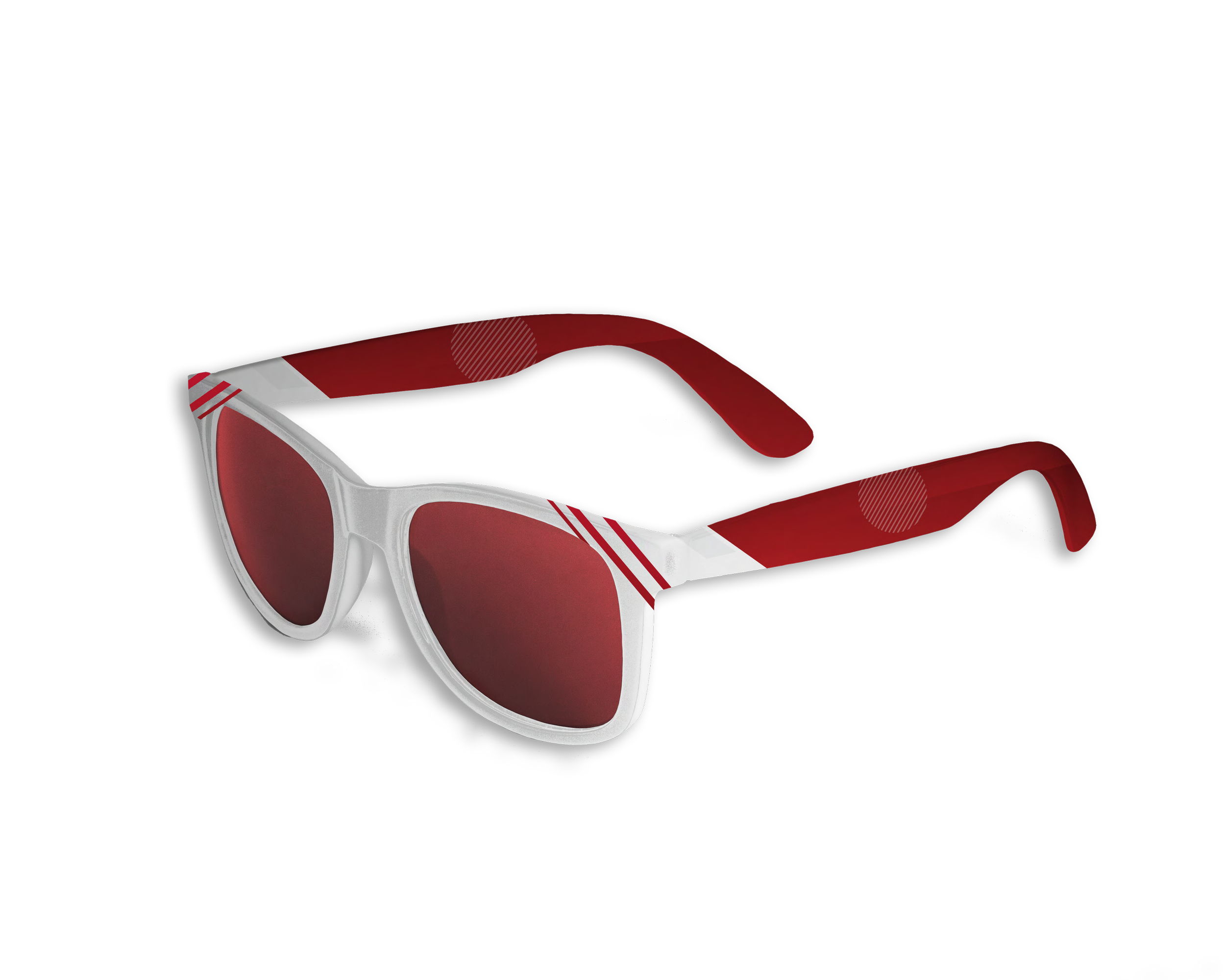 Red and white sports sunglasses with red tinted lenses on a black background.