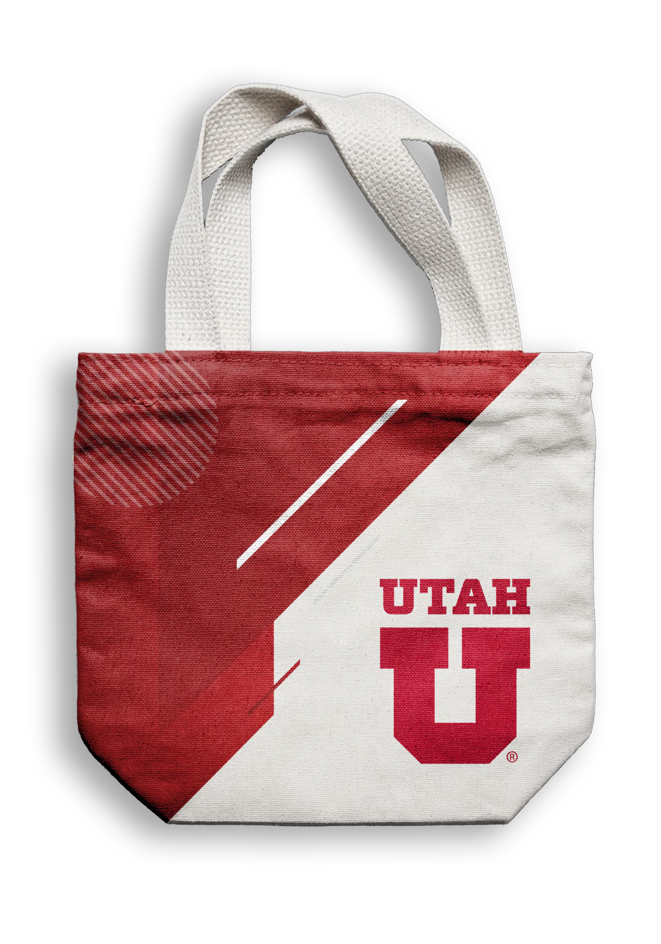 Utes-themed tote bag with red and white design and straps, representing Utah.