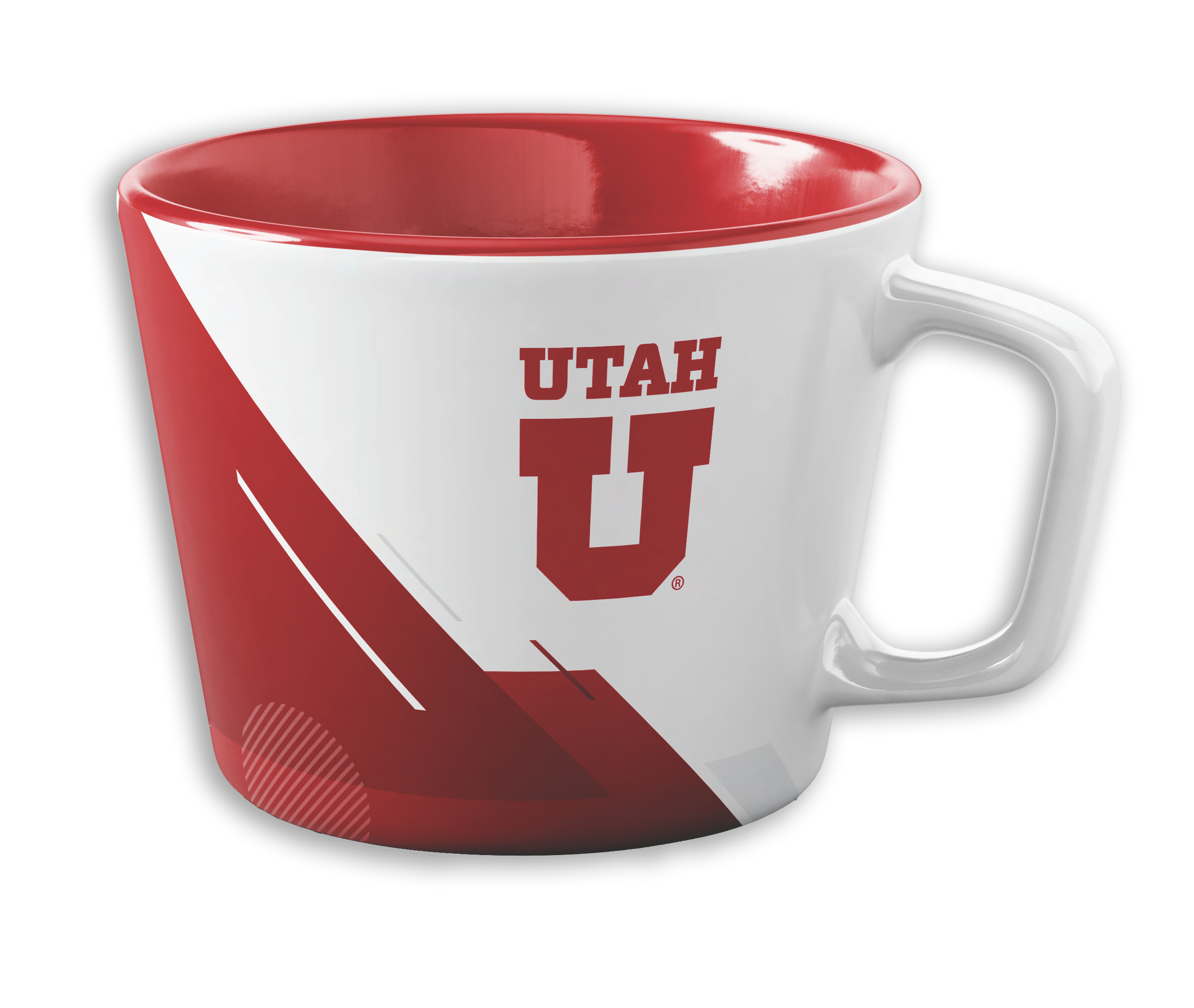 White coffee mug with red interior and Utah U logo, featuring a red diagonal stripe and modern graphic design, placed on a black background.