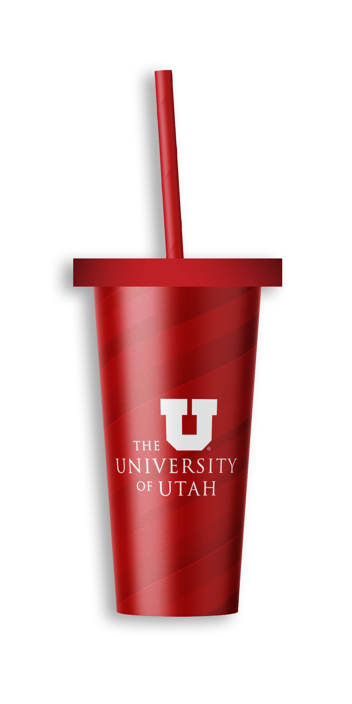 Red tumbler with straw and lid featuring the University of Utah logo and text.