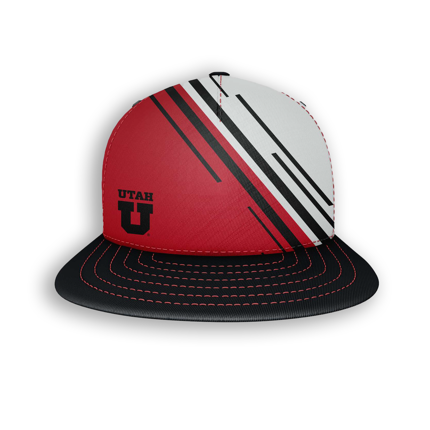 Red and white baseball cap with black stripes and a black brim, featuring the Utah Utes logo on the front.