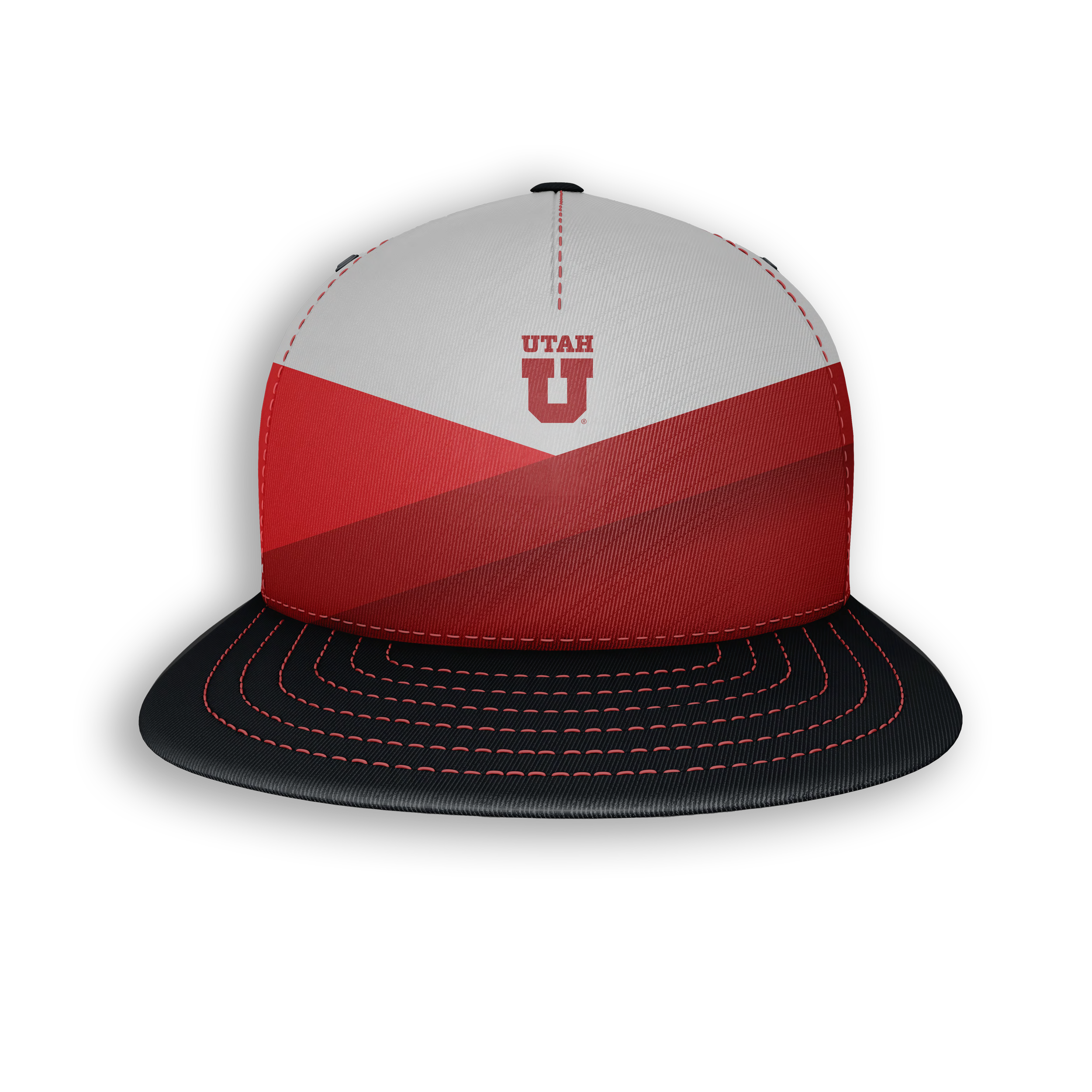 Red, white, and black baseball cap with 'Utah U' logo on the front, featuring red stitching on the brim and panels.