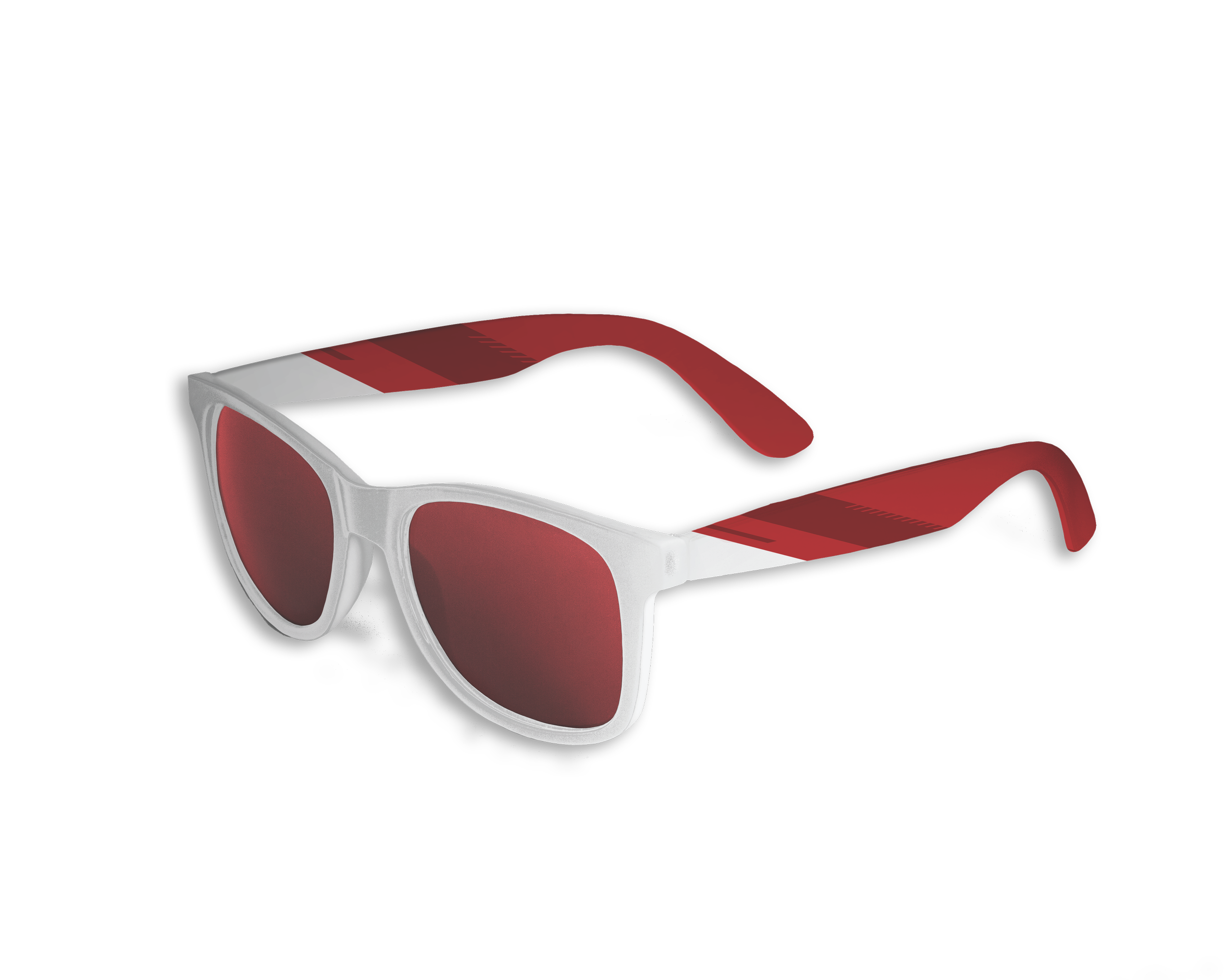 Red and white sports sunglasses with black lenses on a black background.
