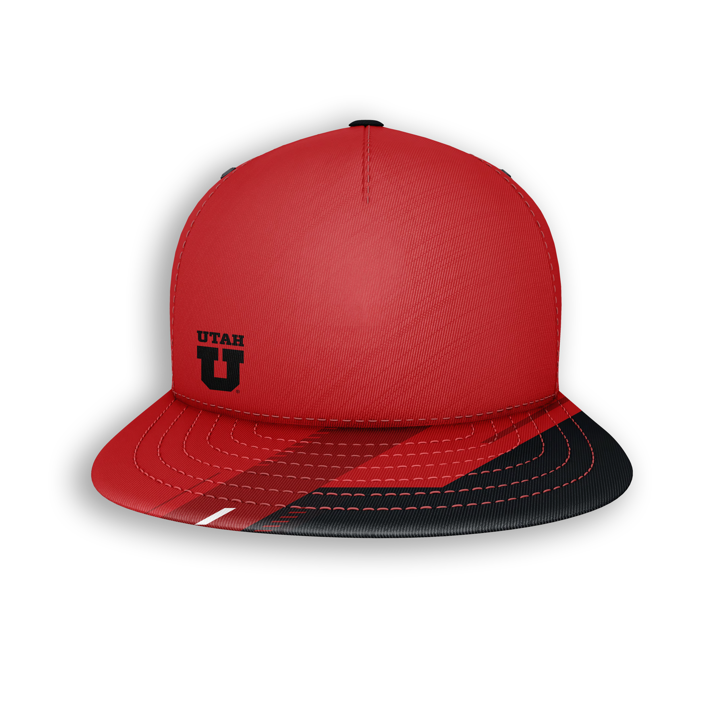 Red and black Utah Utes baseball cap with stitched brim and logo on front, isolated on black background.