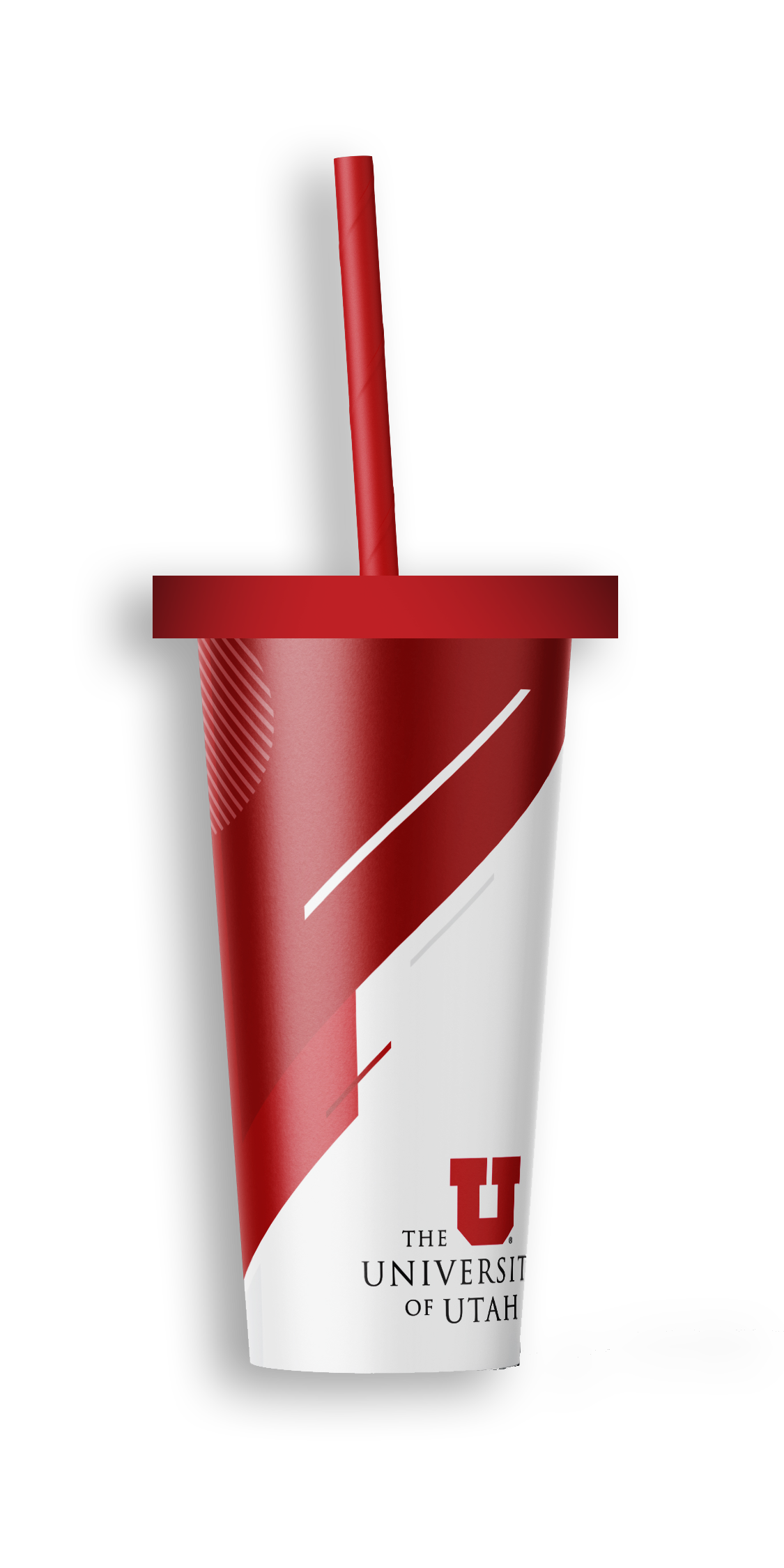 A disposable cup with a red and white University of Utah design, with a red straw and a black background.