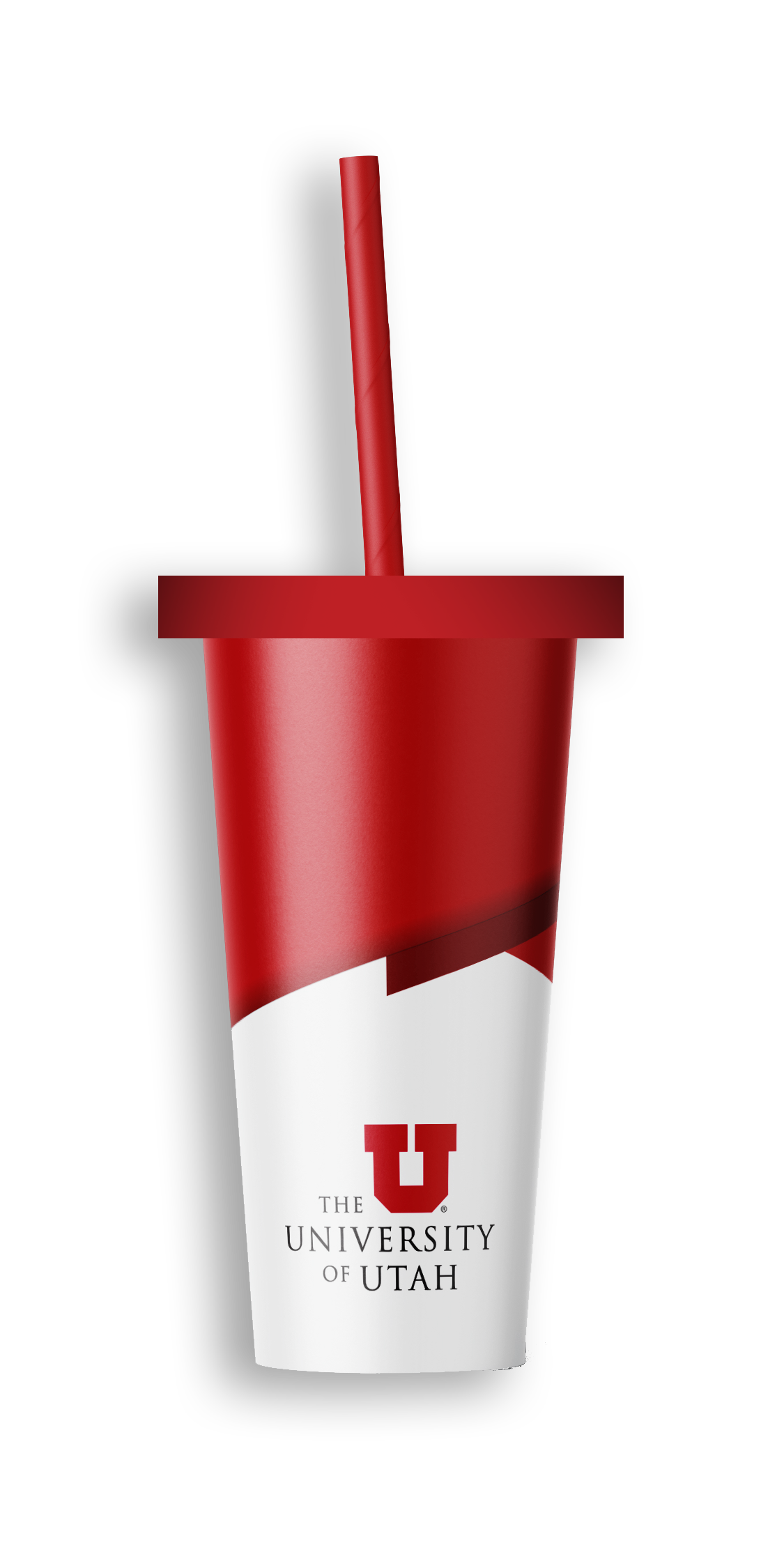 Red University of Utah branded tumbler with straw on black background.