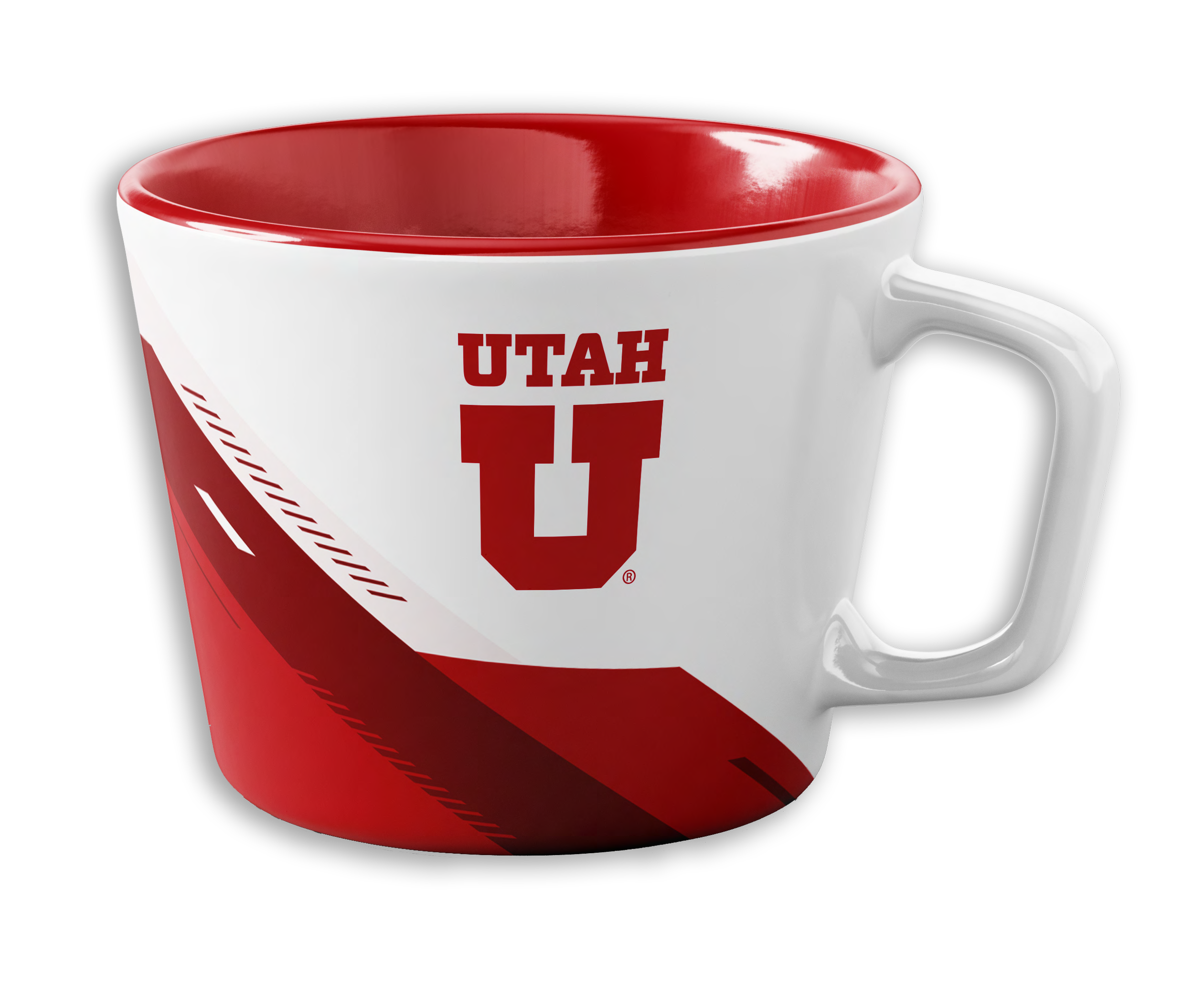 A white ceramic mug with Utah Utes branding, featuring a red interior and red and black design accents.