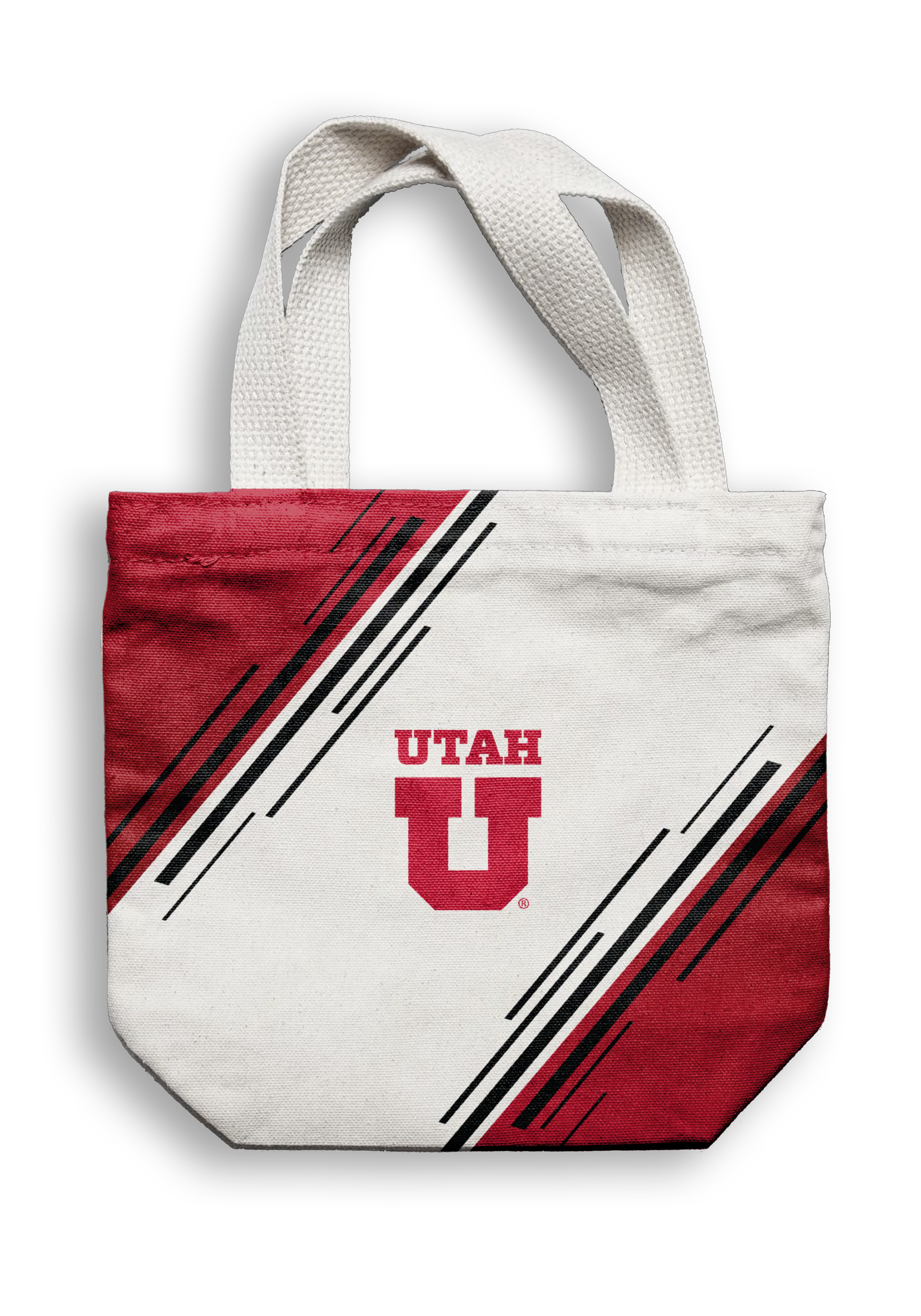 A tote bag with a white background, red and black diagonal stripes, and the Utah Utes logo in red at the center.